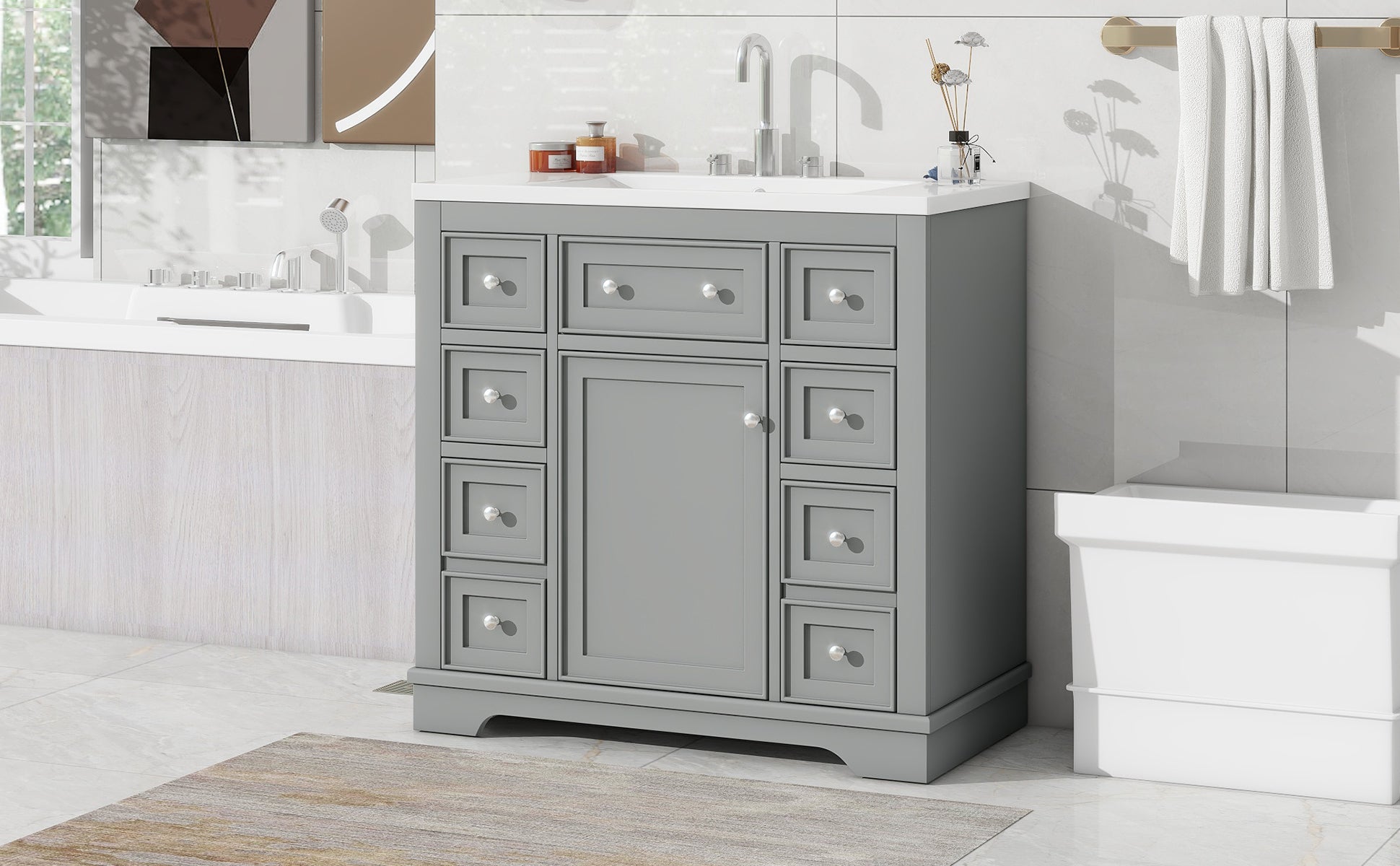 36" Bathroom Vanity With Sink Combo, One Cabinet And Six Drawers, Solid Wood And Mdf Board, Grey Grey Solid Wood Mdf