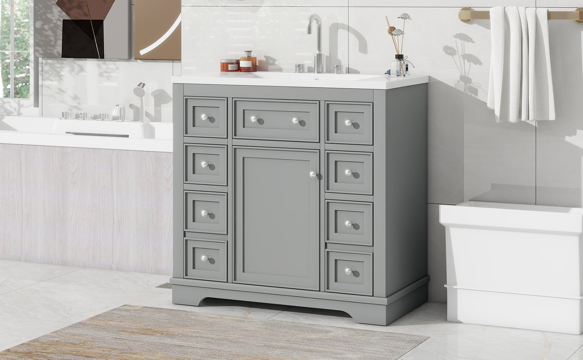 36" Bathroom Vanity With Sink Combo, One Cabinet And Six Drawers, Solid Wood And Mdf Board, Grey Old Sku:Sy999404Aae Grey Solid Wood Mdf