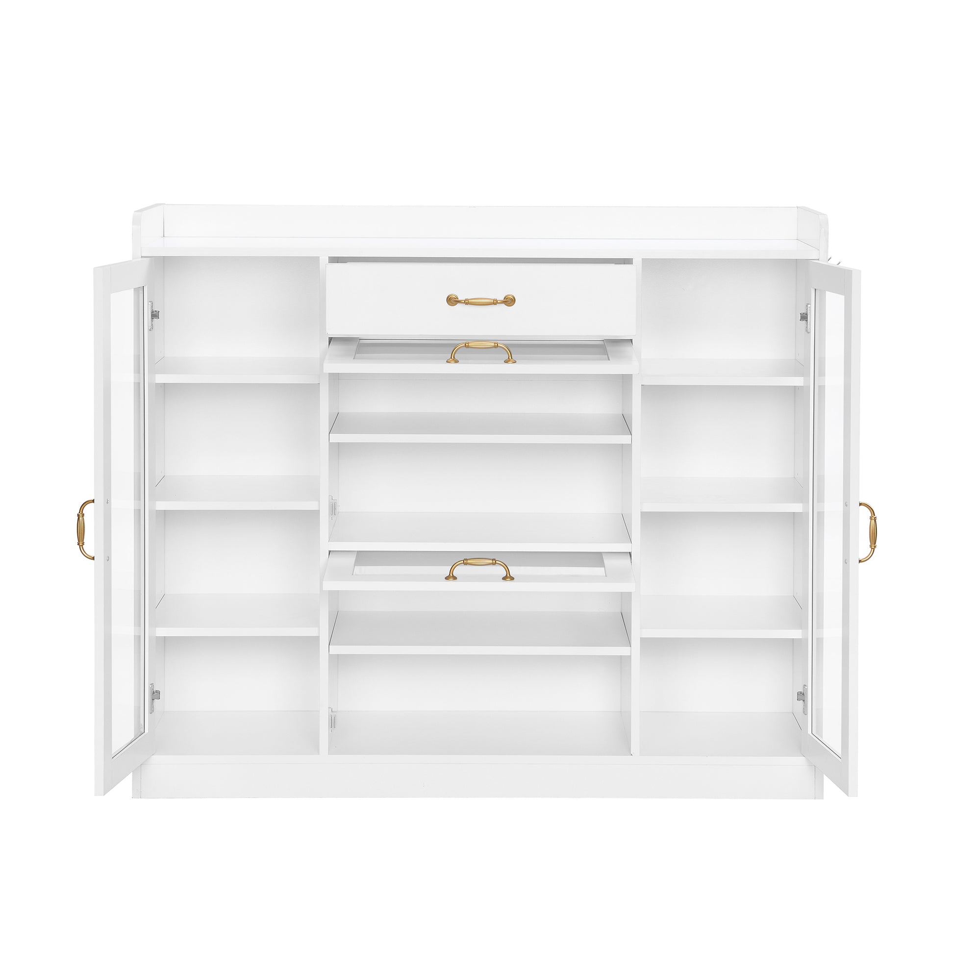 Modernist Side Cabinet With 4 Glass Doors & 3 Hooks, Freestanding Shoe Rack With Multiple Adjustable Shelves, Versatile Display Cabinet With Gold Handles For Hallway, Living Room, White 5 Or More Spaces White Primary Living Space Adjustable Shelves