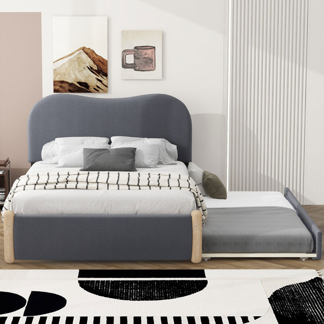Full Size Upholstered Platform Bed With Wood Supporting Feet And Twin Size Trundle, Gray Box Spring Not Required Full Gray Wood Bedroom Upholstered