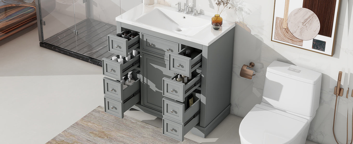 36" Bathroom Vanity With Sink Combo, One Cabinet And Six Drawers, Solid Wood And Mdf Board, Grey Grey Solid Wood Mdf