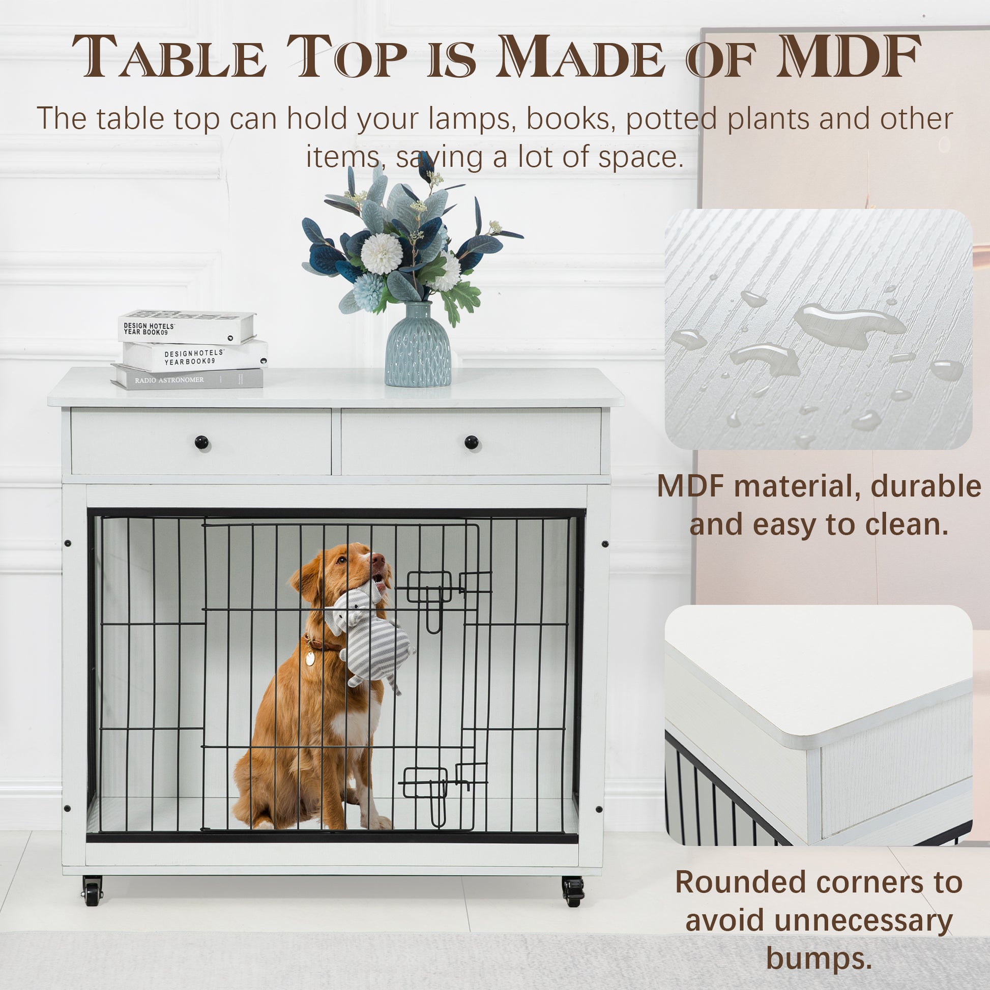 Dog Crate Furniture, Wooden Dog Crate End Table, 38.4 Inch Dog Kennel With 2 Drawers Storage, Heavy Duty Dog Crate, Decorative Pet Crate Dog Cage For Large Indoor Use White 38.4" L 23.2" W 35" H White Mdf Steel