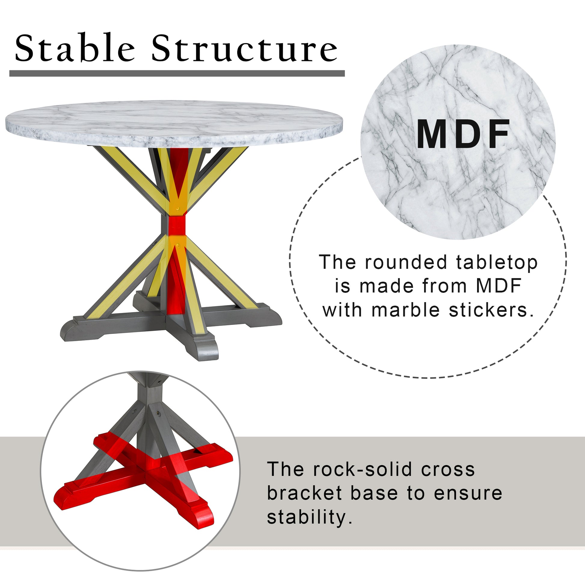 5 Piece Farmhouse Style Dining Table Set, Marble Sticker And Cross Bracket Pedestal Dining Table, And 4 Upholstered Chairs White Gray Upholstered Chair Wood White Gray Seats 4 Wood Dining Room