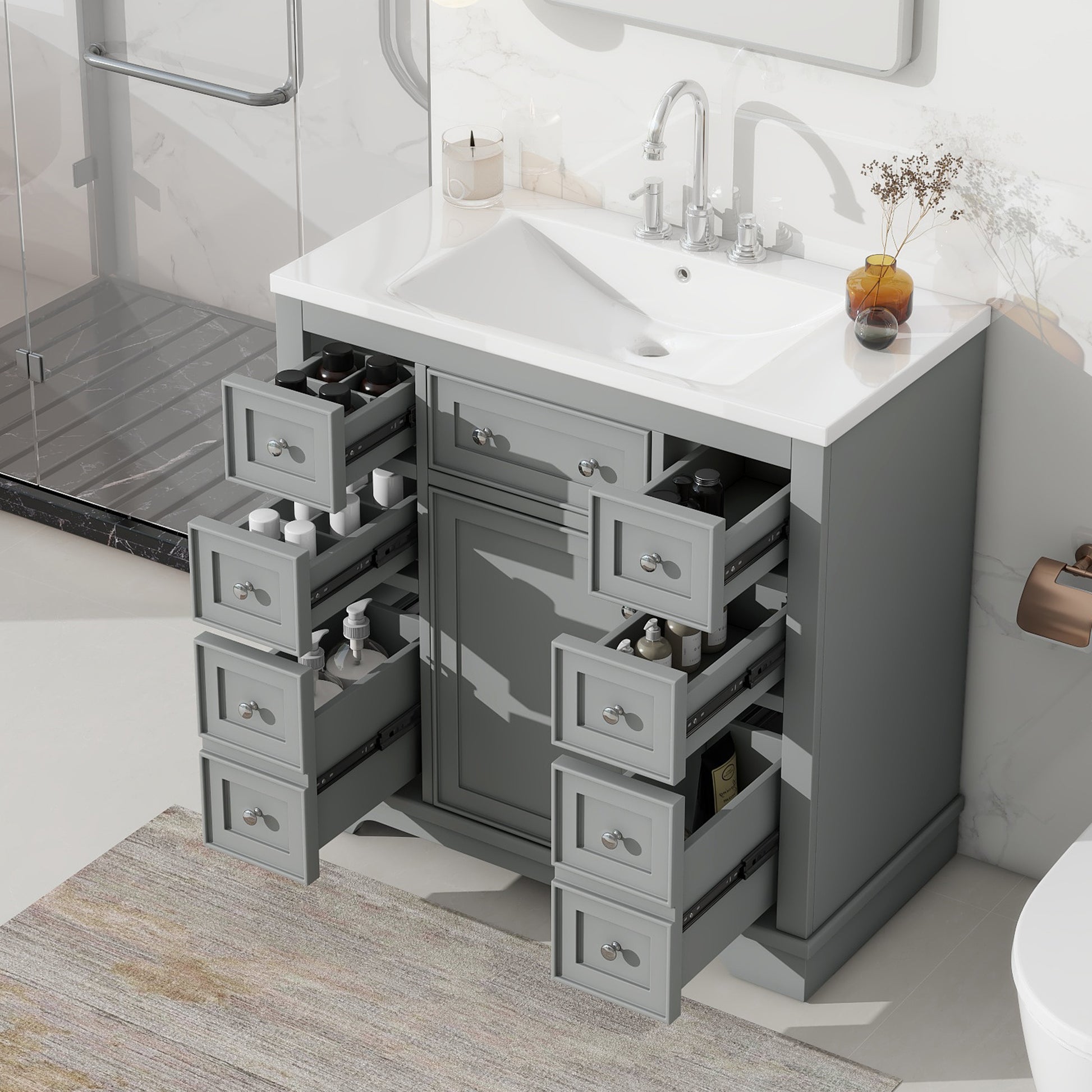 36" Bathroom Vanity With Sink Combo, One Cabinet And Six Drawers, Solid Wood And Mdf Board, Grey Old Sku:Sy999404Aae Grey Solid Wood Mdf