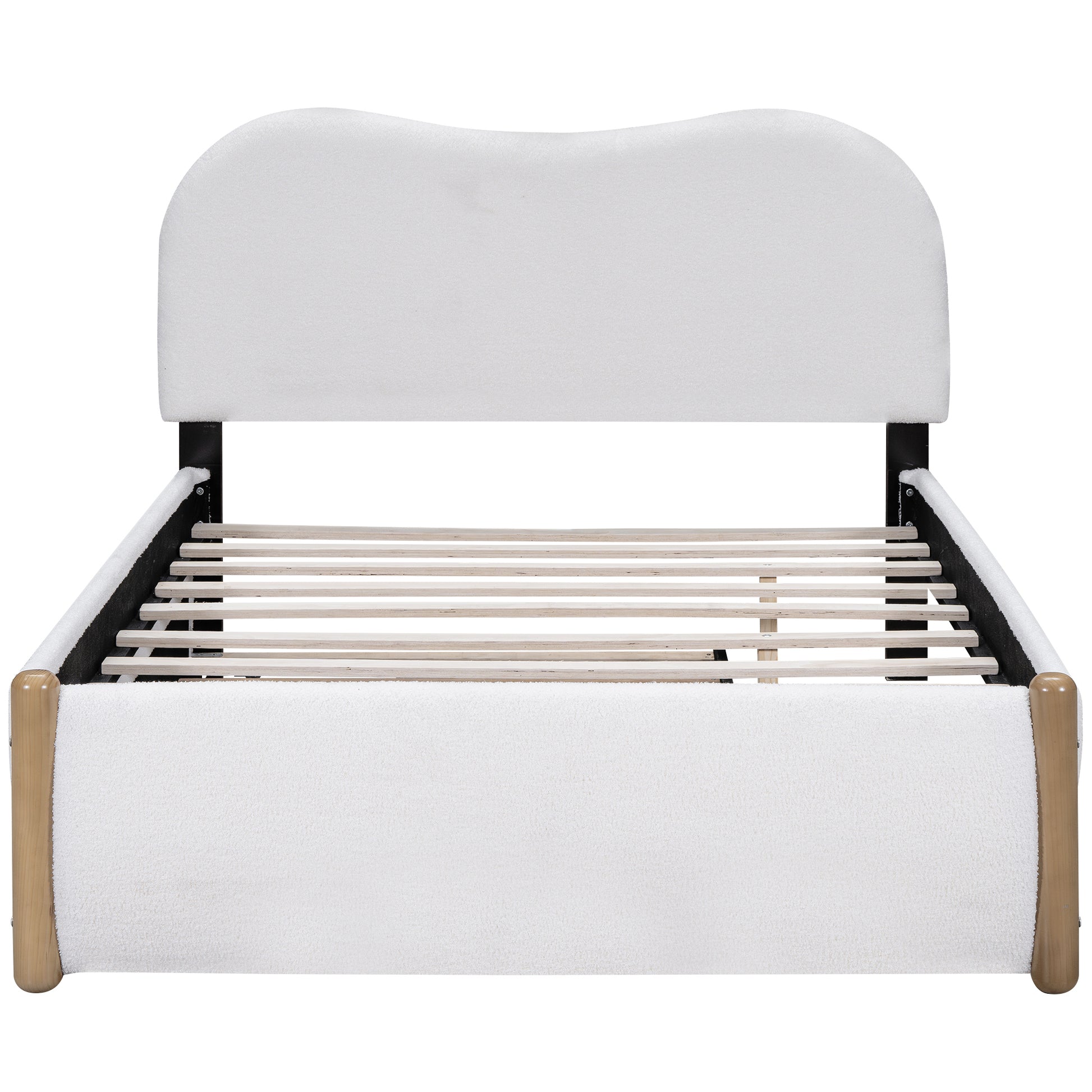 Full Size Upholstered Platform Bed With Wood Supporting Feet And Twin Size Trundle, White Box Spring Not Required Full White Wood Bedroom Upholstered