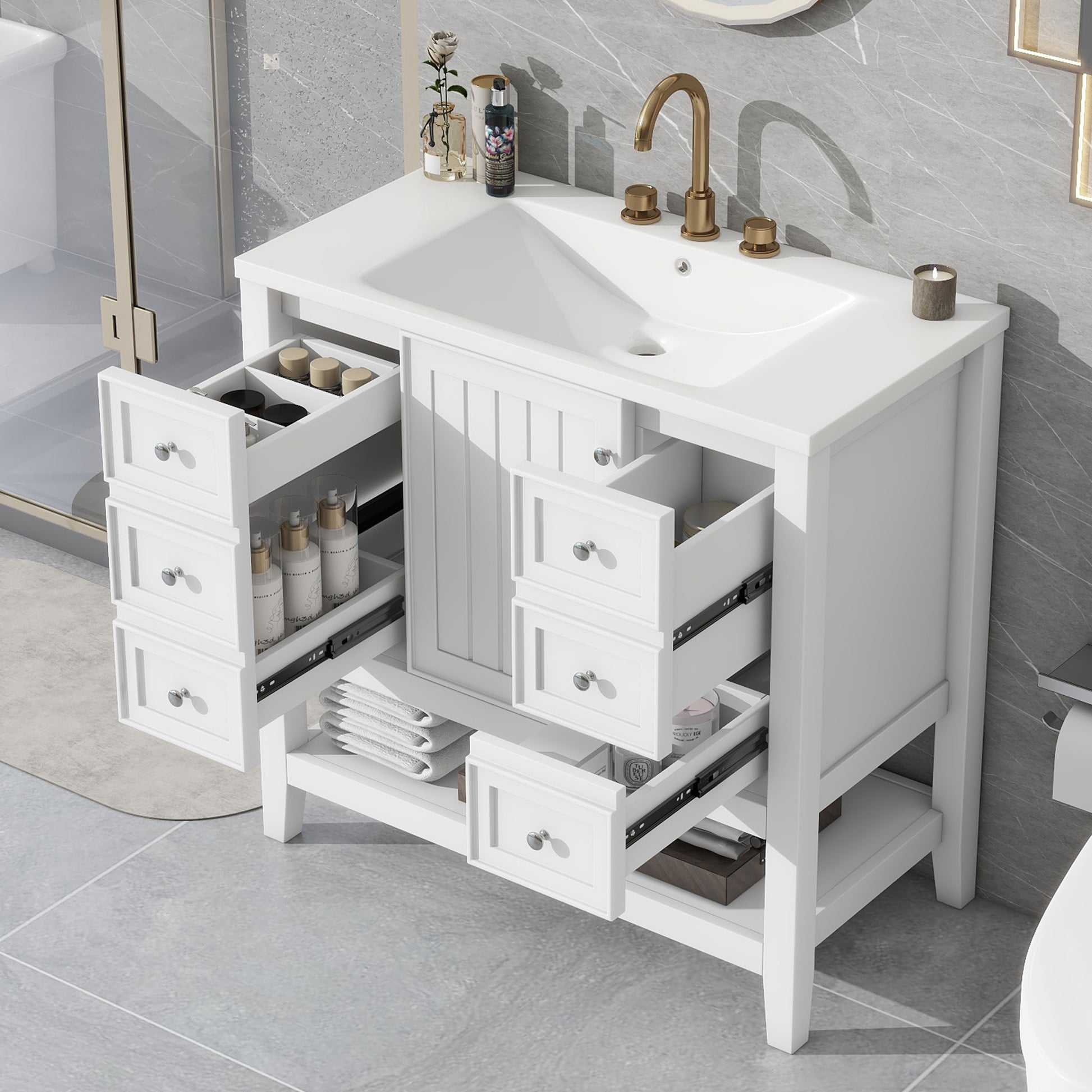 36" Bathroom Vanity With Sink Combo, One Cabinet And Three Drawers, Solid Wood And Mdf Board, White White Solid Wood Mdf