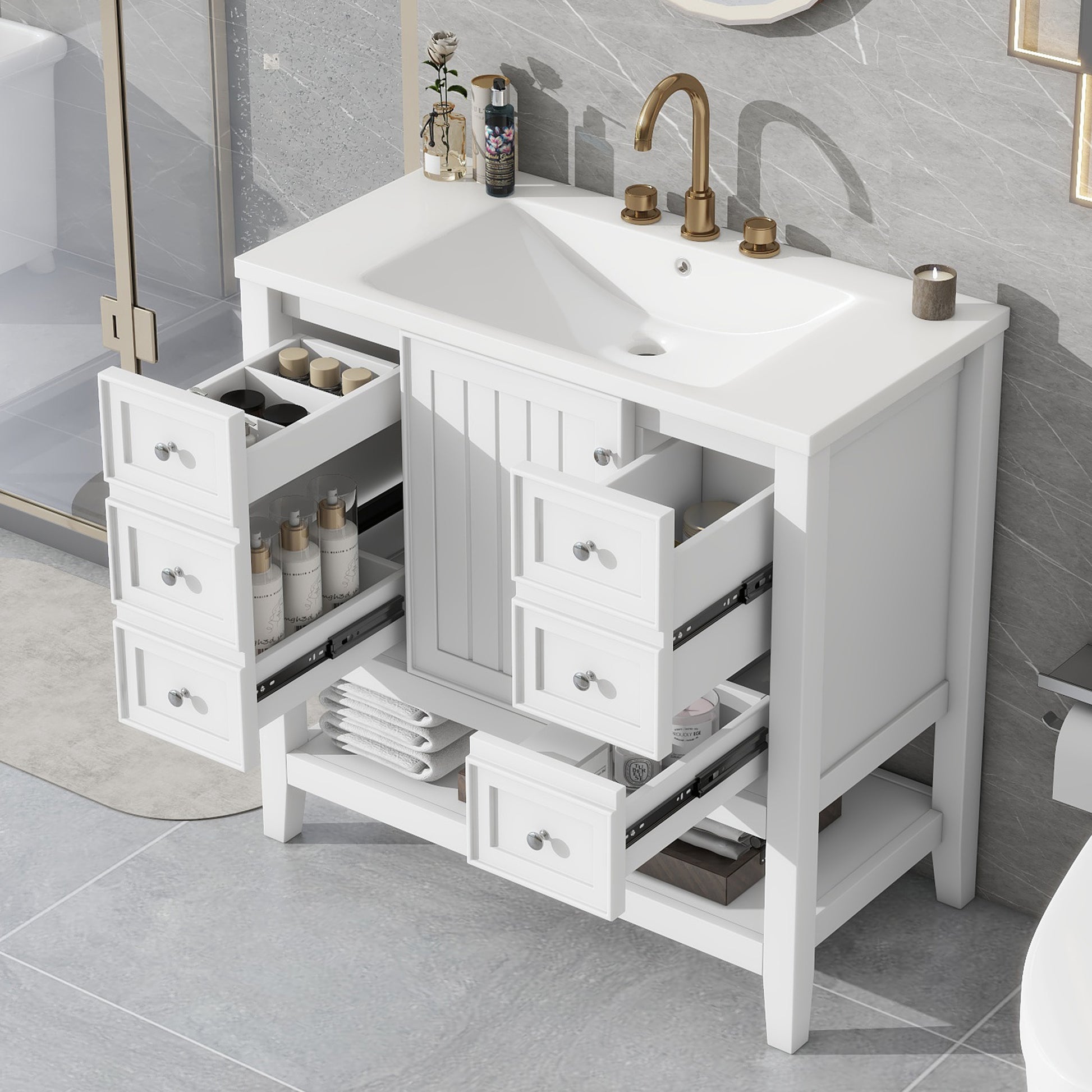 36" Bathroom Vanity With Sink Combo, One Cabinet And Three Drawers, Solid Wood And Mdf Board, White Old Sku:Sy999505Aak White Solid Wood Mdf
