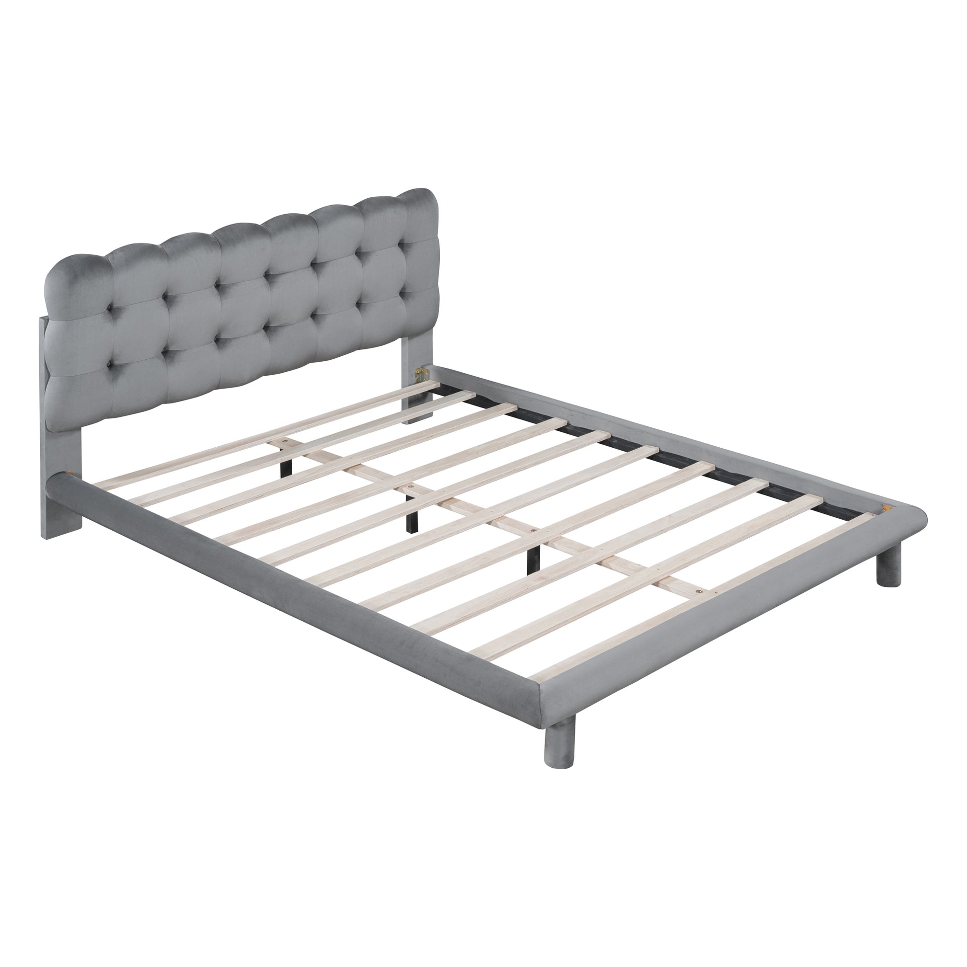 Queen Size Velvet Platform Bed With Led Frame, Thick & Soft Fabric And Button Tufted Design Headboard, Gray Gray Velvet