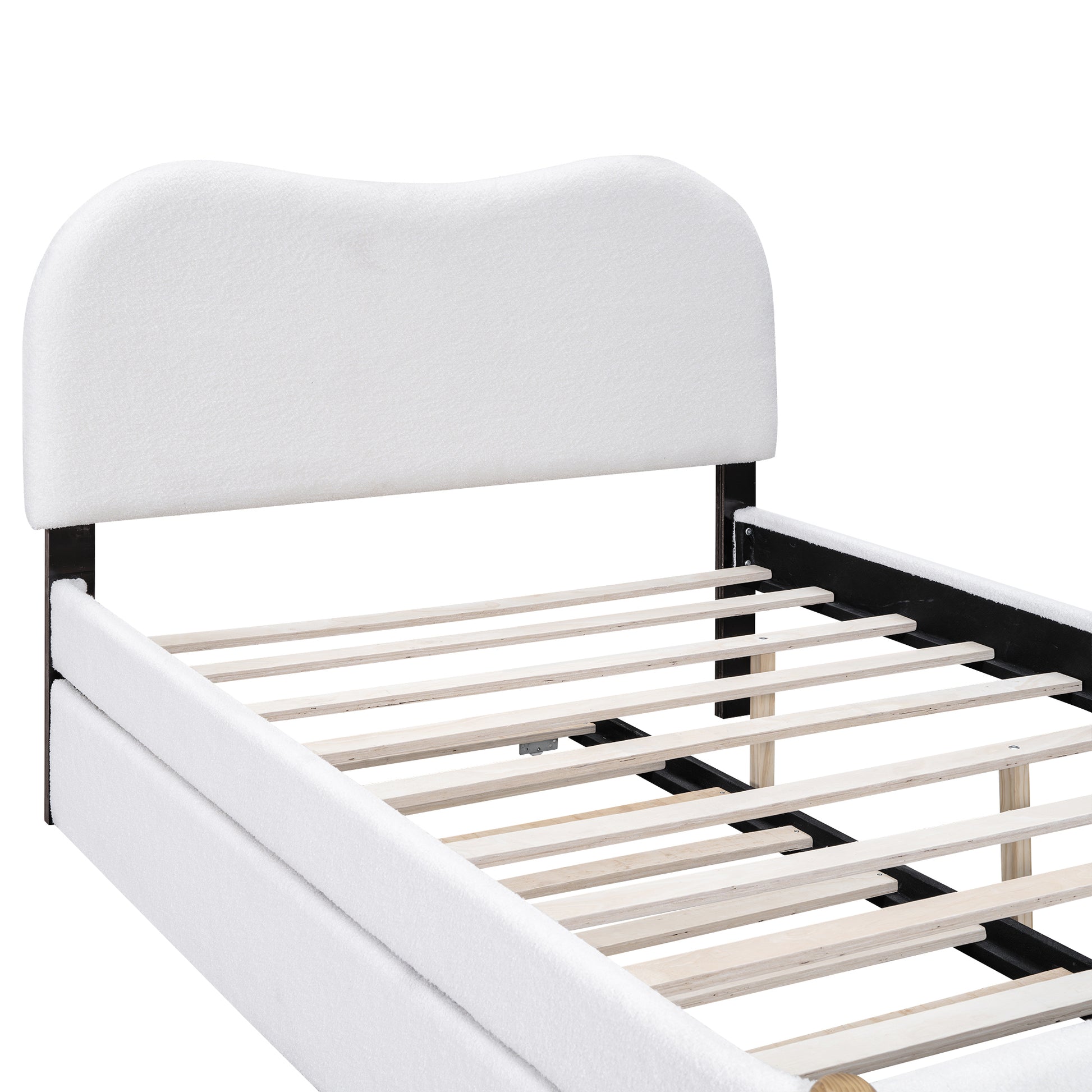 Full Size Upholstered Platform Bed With Wood Supporting Feet And Twin Size Trundle, White Box Spring Not Required Full White Wood Bedroom Upholstered