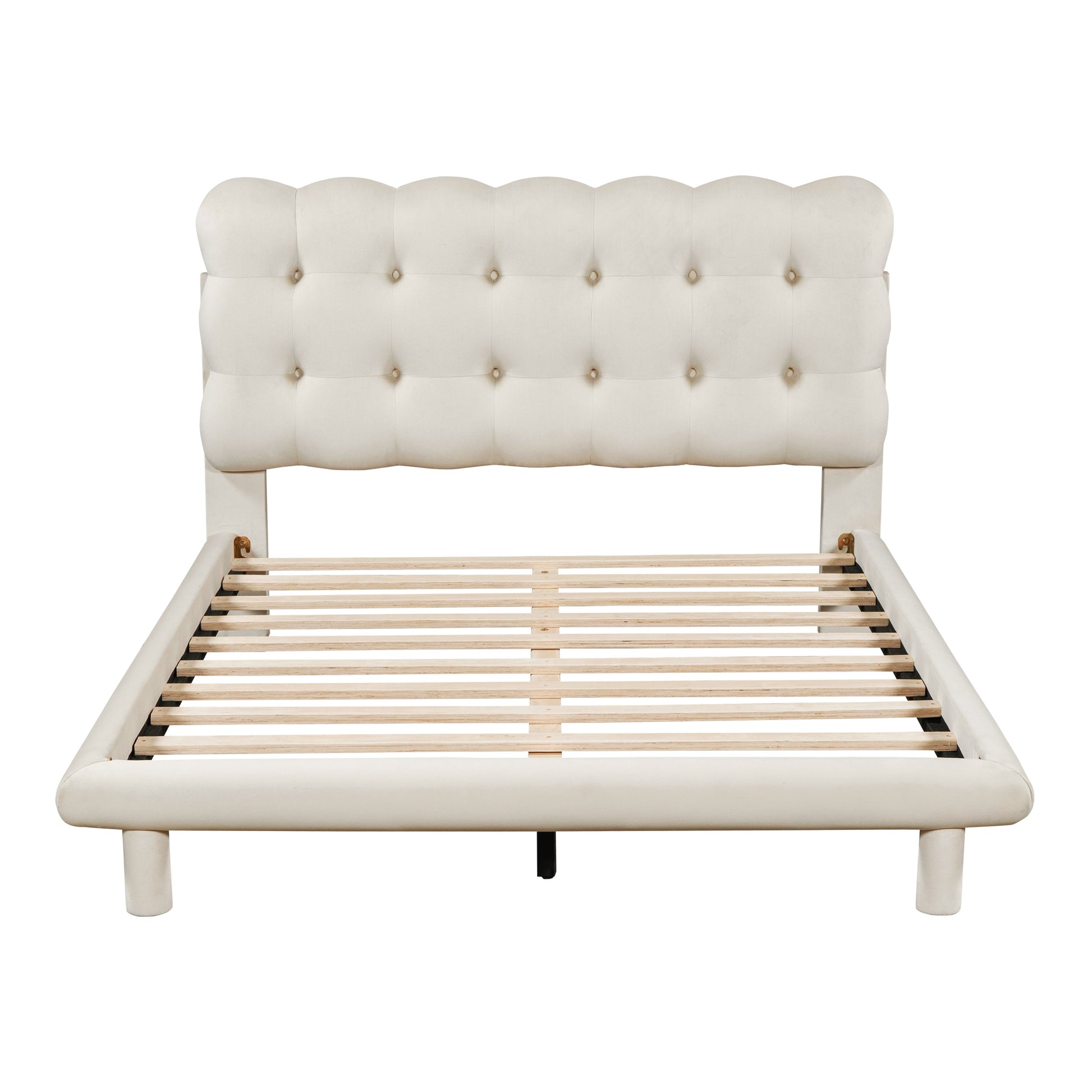 Full Size Velvet Platform Bed With Led Frame, Thick & Soft Fabric And Button Tufted Design Headboard, Beige Beige Velvet