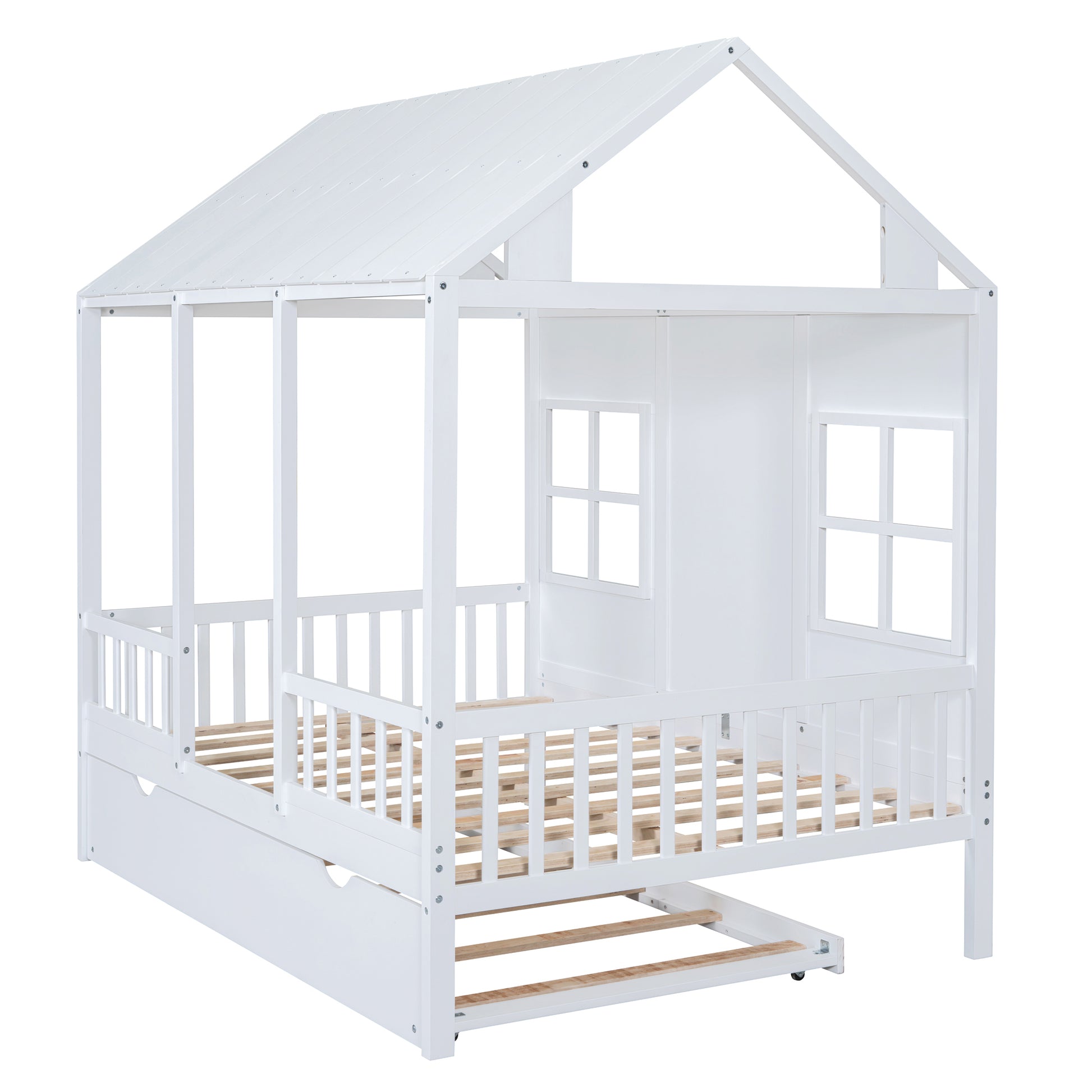 Full Size Wood House Bed With Twin Size Trundle, Wooden Daybed, White Full White Solid Wood