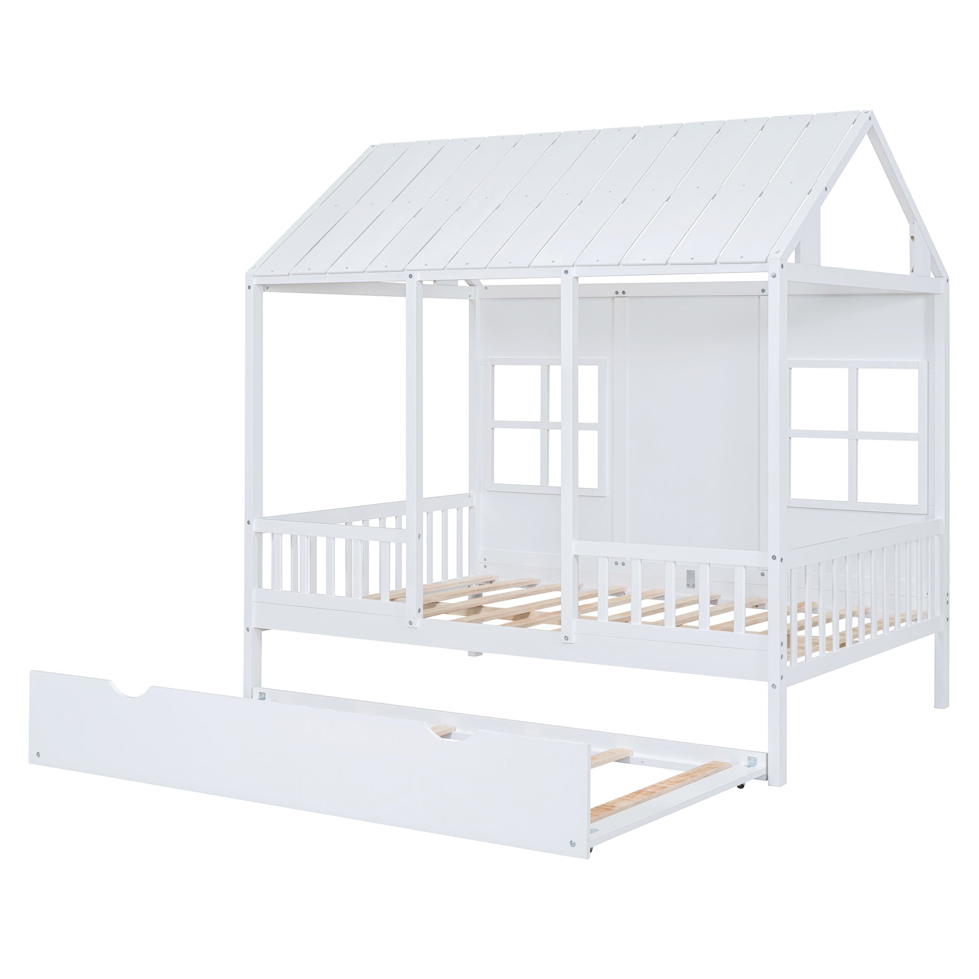 Full Size Wood House Bed With Twin Size Trundle, Wooden Daybed, White Full White Solid Wood