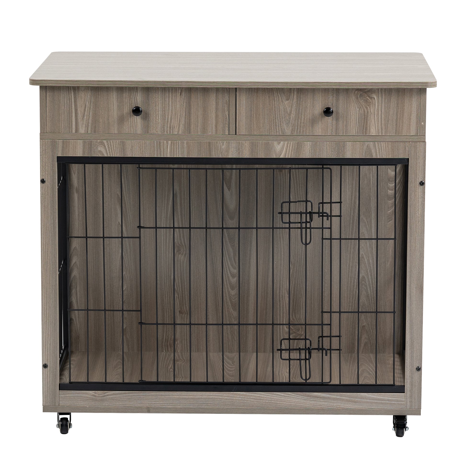 Dog Crate Furniture, Wooden Dog Crate End Table, 38.4 Inch Dog Kennel With 2 Drawers Storage, Heavy Duty Dog Crate, Decorative Pet Crate Dog Cage For Large Indoor Use Grey 38.4" L 23.2" W 35" H Grey Mdf Steel