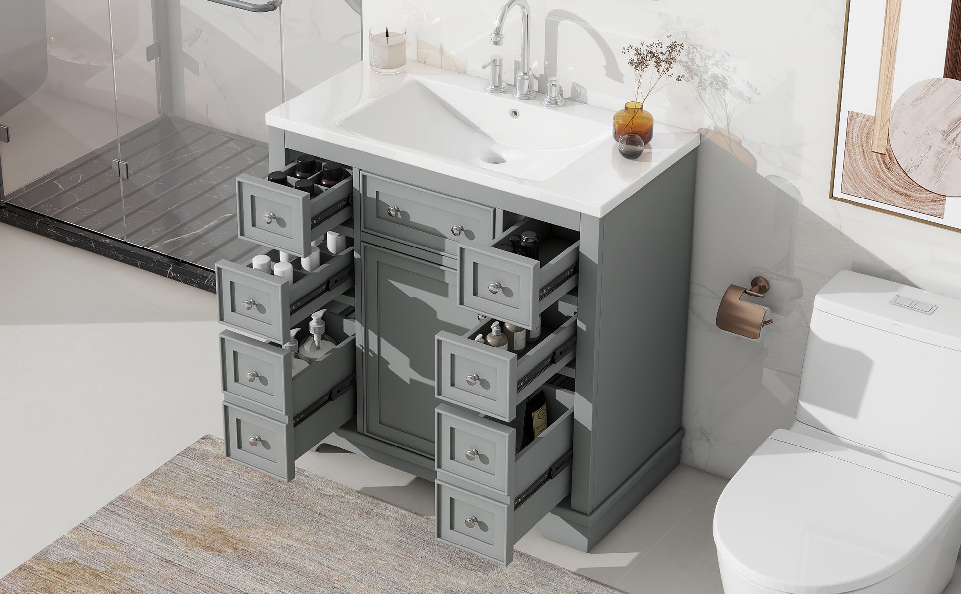 36" Bathroom Vanity With Sink Combo, One Cabinet And Six Drawers, Solid Wood And Mdf Board, Grey Old Sku:Sy999404Aae Grey Solid Wood Mdf