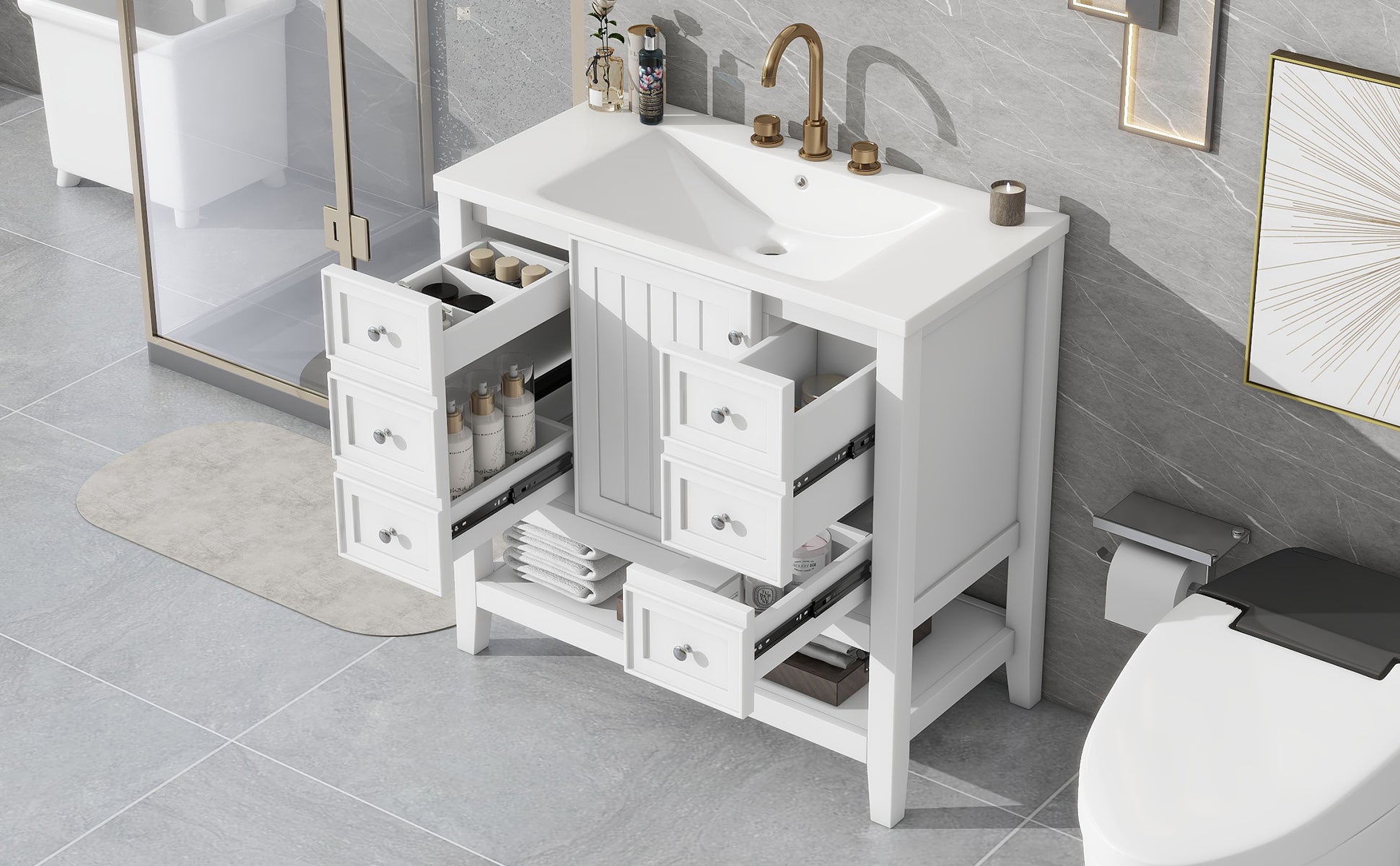 36" Bathroom Vanity With Sink Combo, One Cabinet And Three Drawers, Solid Wood And Mdf Board, White White Solid Wood Mdf