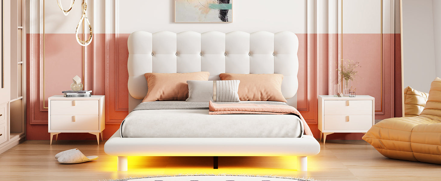 Full Size Velvet Platform Bed With Led Frame, Thick & Soft Fabric And Button Tufted Design Headboard, Beige Beige Velvet