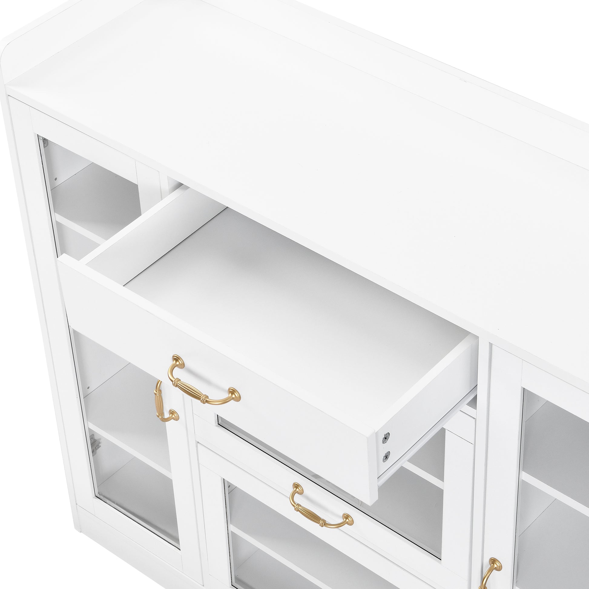 Modernist Side Cabinet With 4 Glass Doors & 3 Hooks, Freestanding Shoe Rack With Multiple Adjustable Shelves, Versatile Display Cabinet With Gold Handles For Hallway, Living Room, White 5 Or More Spaces White Primary Living Space Adjustable Shelves