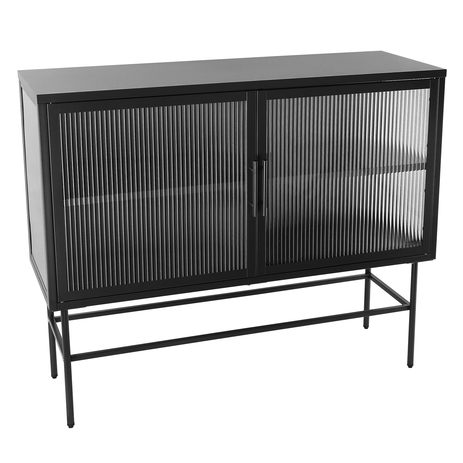 Double Door Tempered Glass Sideboard Console Table With 2 Fluted Glass Doors Adjustable Shelf And Feet Anti Tip Dust Free Kitchen Credenza Cabinet Black Black Tempered Glass Sheet Metal Plastic