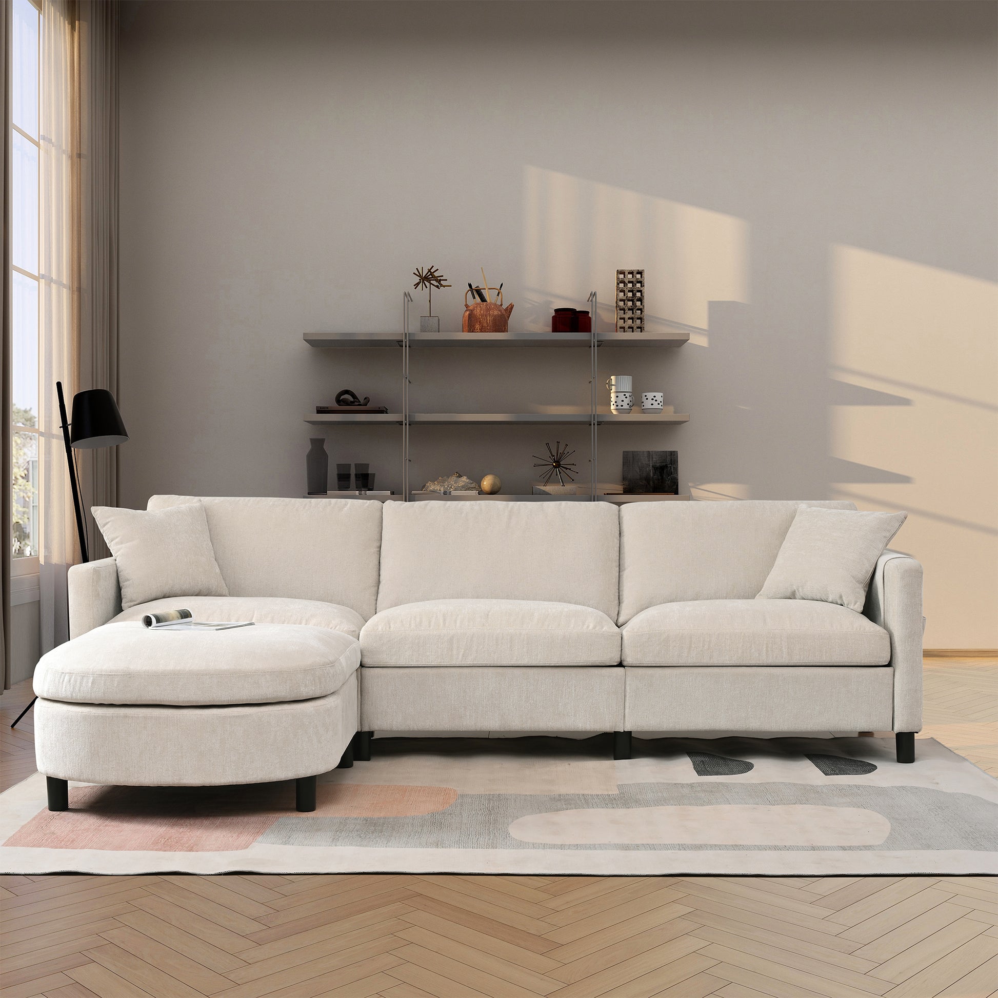 107.87'Sectional Sofa Couch With 1 Ottoman,Seat Cushion And Back Cushion Removable Beige Polyester