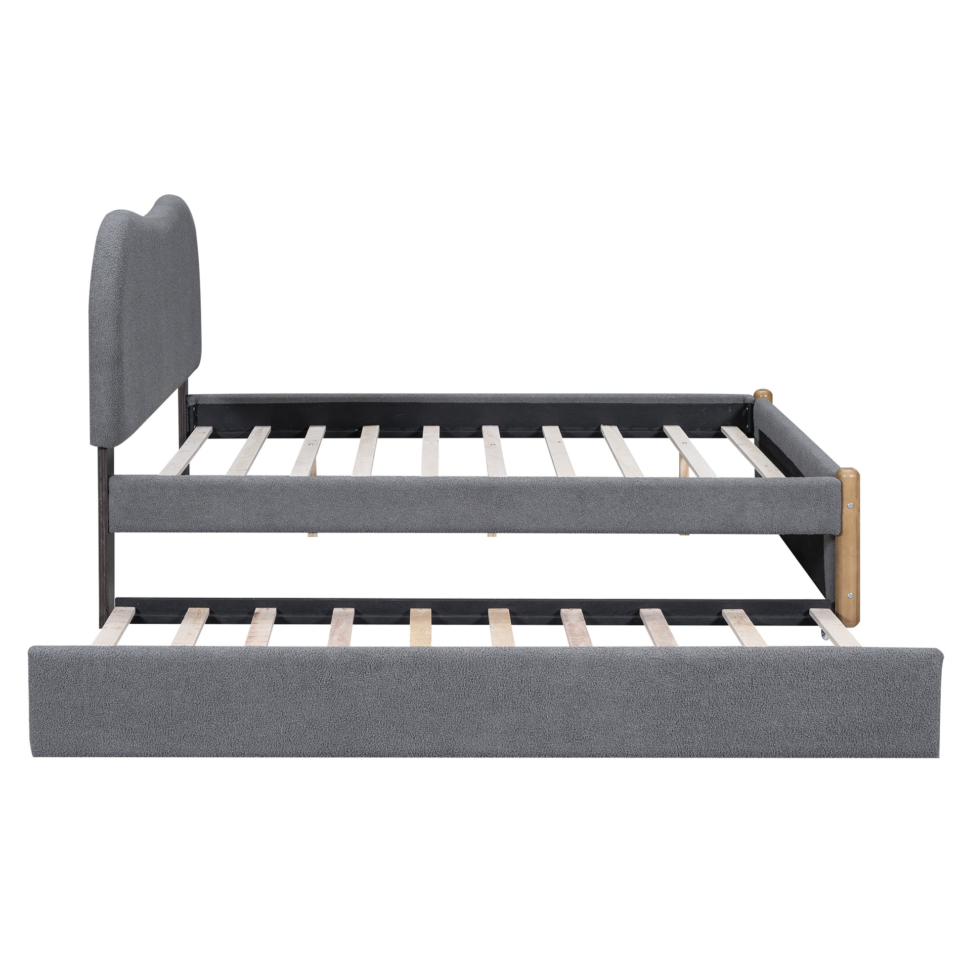 Full Size Upholstered Platform Bed With Wood Supporting Feet And Twin Size Trundle, Gray Box Spring Not Required Full Gray Wood Bedroom Upholstered