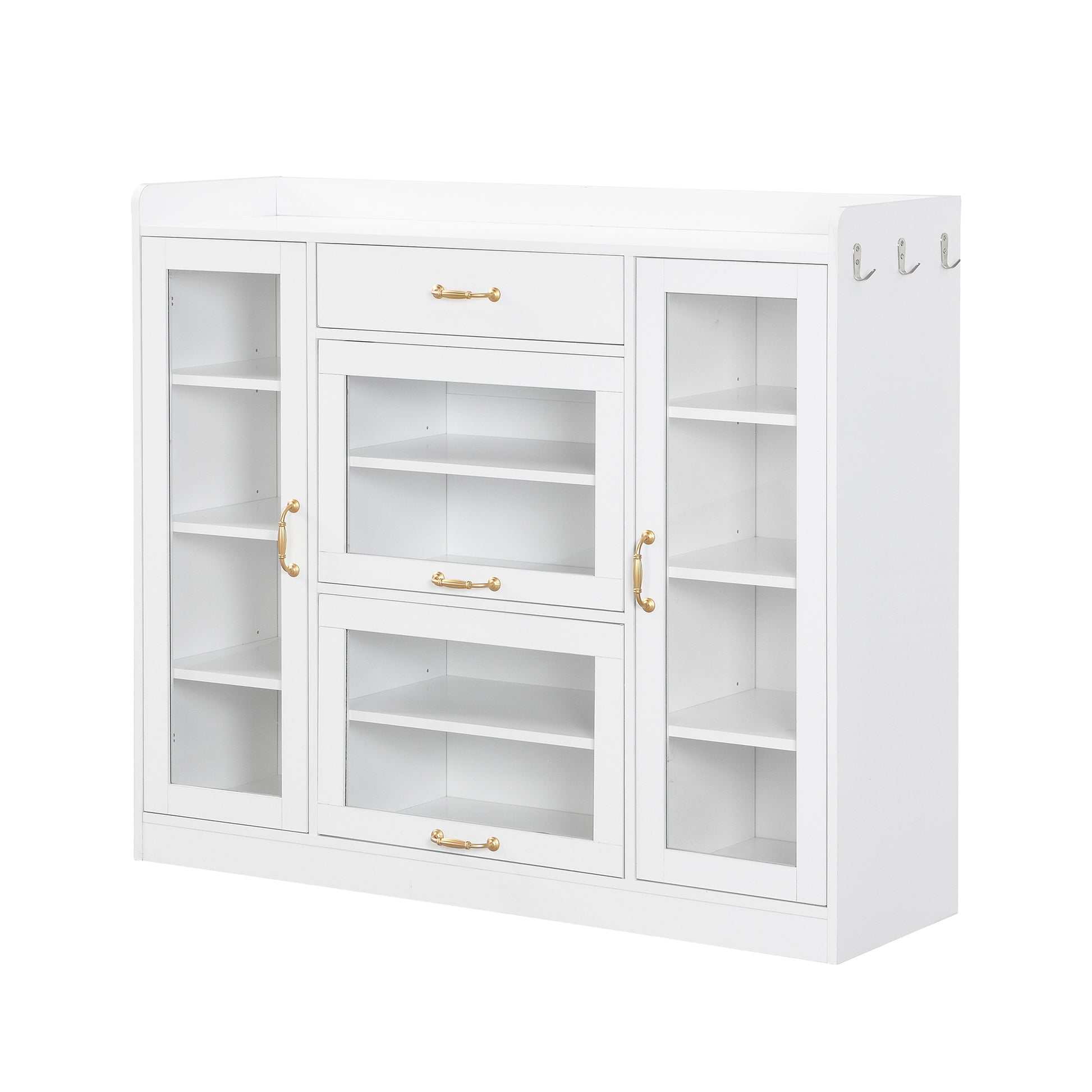 Modernist Side Cabinet With 4 Glass Doors & 3 Hooks, Freestanding Shoe Rack With Multiple Adjustable Shelves, Versatile Display Cabinet With Gold Handles For Hallway, Living Room, White 5 Or More Spaces White Primary Living Space Adjustable Shelves