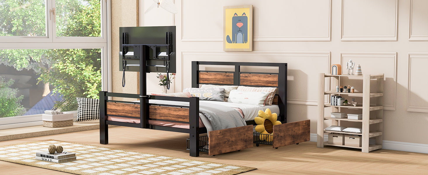 Twin Size Metal Platform Bed With Mdf Headboard And Footboard,Two Storage Drawers And Rotatable Tv Stand,Black Twin Black Metal