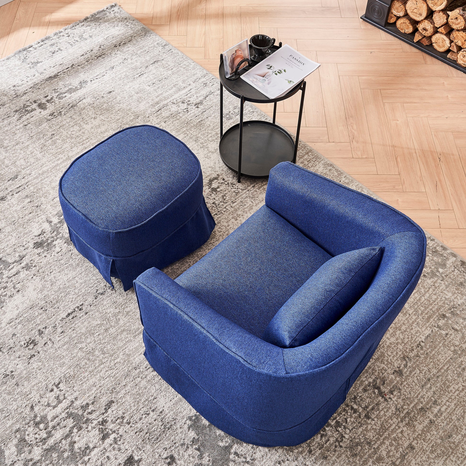 Swivel Barrel Chair With Ottoman, Swivel Accent Chairs Armchair For Living Room, Reading Chairs For Bedroom Comfy, Round Barrel Chairs With Black Metal Base Blue Blue Primary Living Space Modern Linen