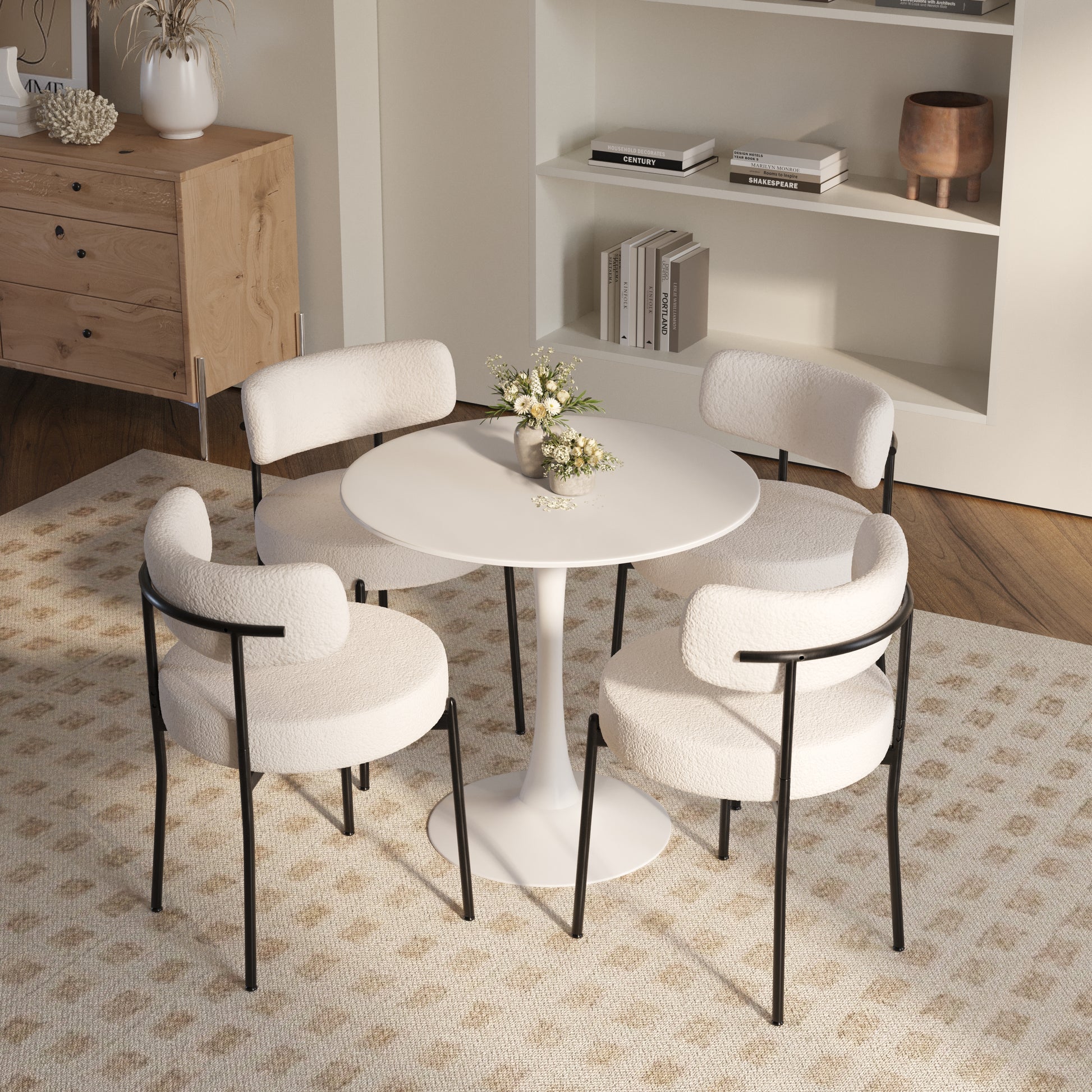 5 Pieces 31.5 Inch Round Dining Table Set For 4 And 4 Pieces Upholstered Chairs For Four Person, Mdf Table Top, Off White Faux Fur With White Table Leg For Kitchen, Reception Room White Mdf Metal