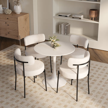5 Pieces 31.5 Inch Round Dining Table Set For 4 And 4 Pieces Upholstered Chairs For Four Person, Mdf Table Top, Off White Faux Fur With White Table Leg For Kitchen, Reception Room White Mdf Metal