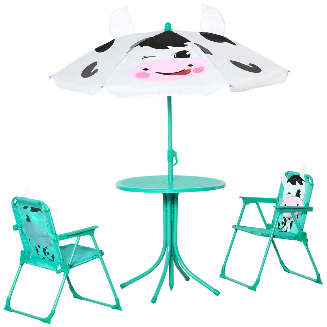 Kids Table And Chair Set, Outdoor Folding Garden Furniture, Picnic Table For Patio Backyard, With Dairy Cow Pattern, Removable & Height Adjustable Sun Umbrella, Aged 3 6 Years Old,White White Metal