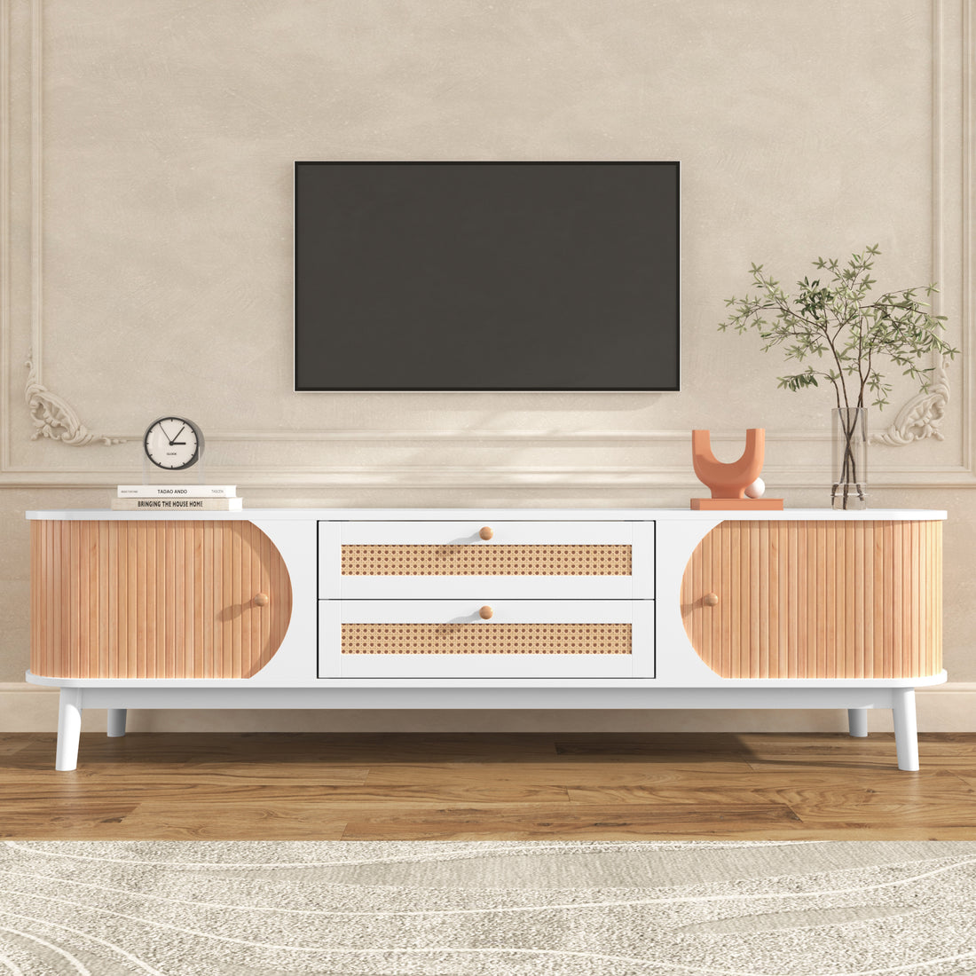 Rattan Tv Stand For Tvs Up To 75'', Modern Farmhouse Media Console, Entertainment Center With Solid Wood Legs, Tv Cabinet For Living Room,Home Theatre Natural White Primary Living Space 60 69 Inches Solid Wood Mdf