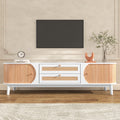 Rattan Tv Stand For Tvs Up To 75'', Modern Farmhouse Media Console, Entertainment Center With Solid Wood Legs, Tv Cabinet For Living Room,Home Theatre Natural White Primary Living Space 60 69 Inches Solid Wood Mdf