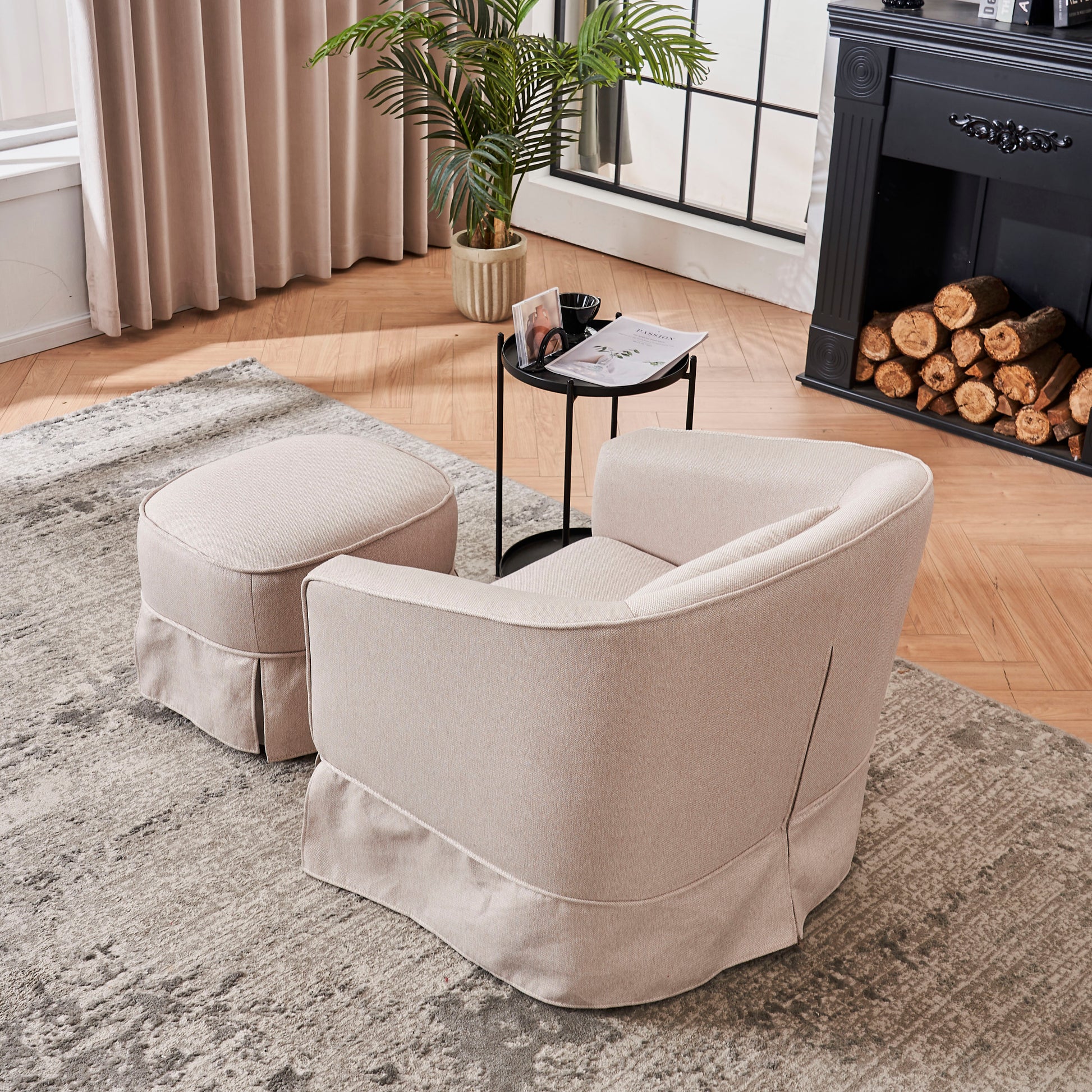 Swivel Barrel Chair With Ottoman, Swivel Accent Chairs Armchair For Living Room, Reading Chairs For Bedroom Comfy, Round Barrel Chairs With Black Metal Base Beige Beige Primary Living Space Modern Linen