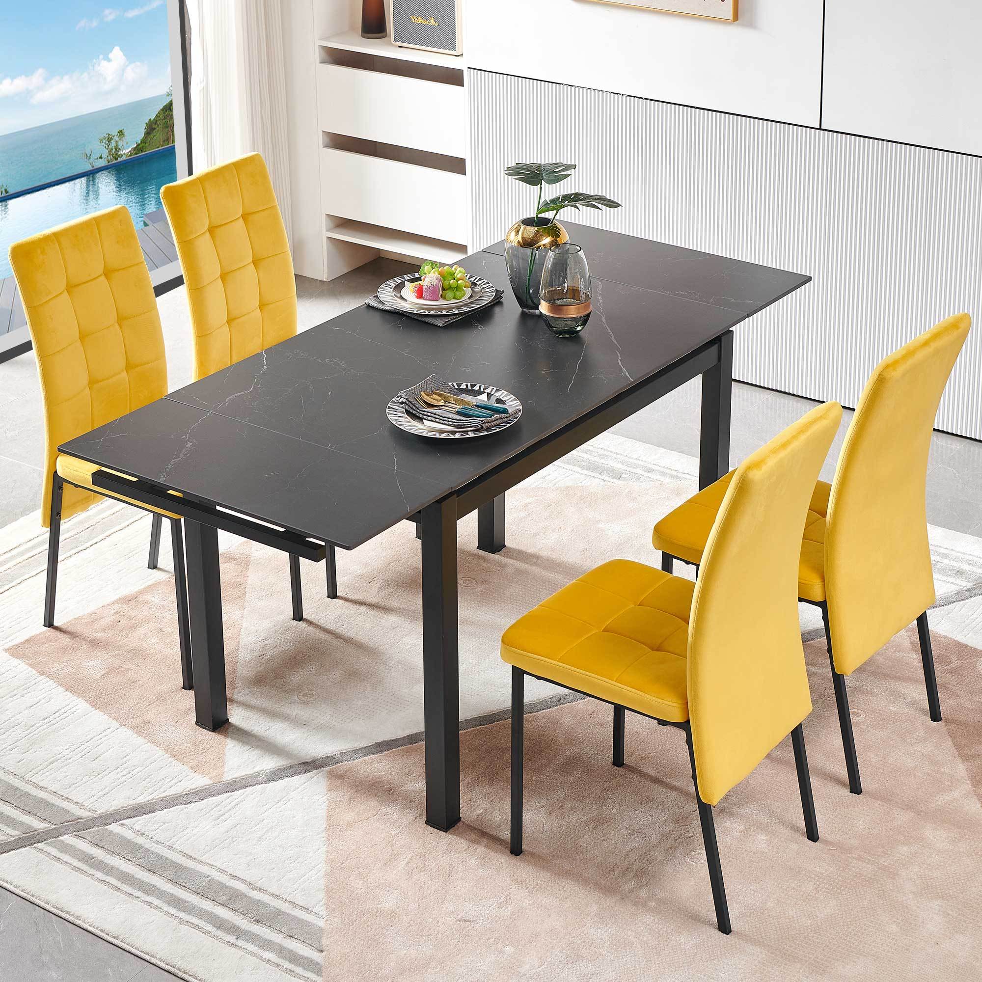 5 Pieces Functional Retractable Ceramic Table Dining Table Dining Set Including Yellow Velvet High Back Black Color Legs For Living Room,Dining Room,Kitchen Metal Yellow Black Seats 4 Metal Dining Room Modern 4 Leg Square Dining Table With Chair Ceramic