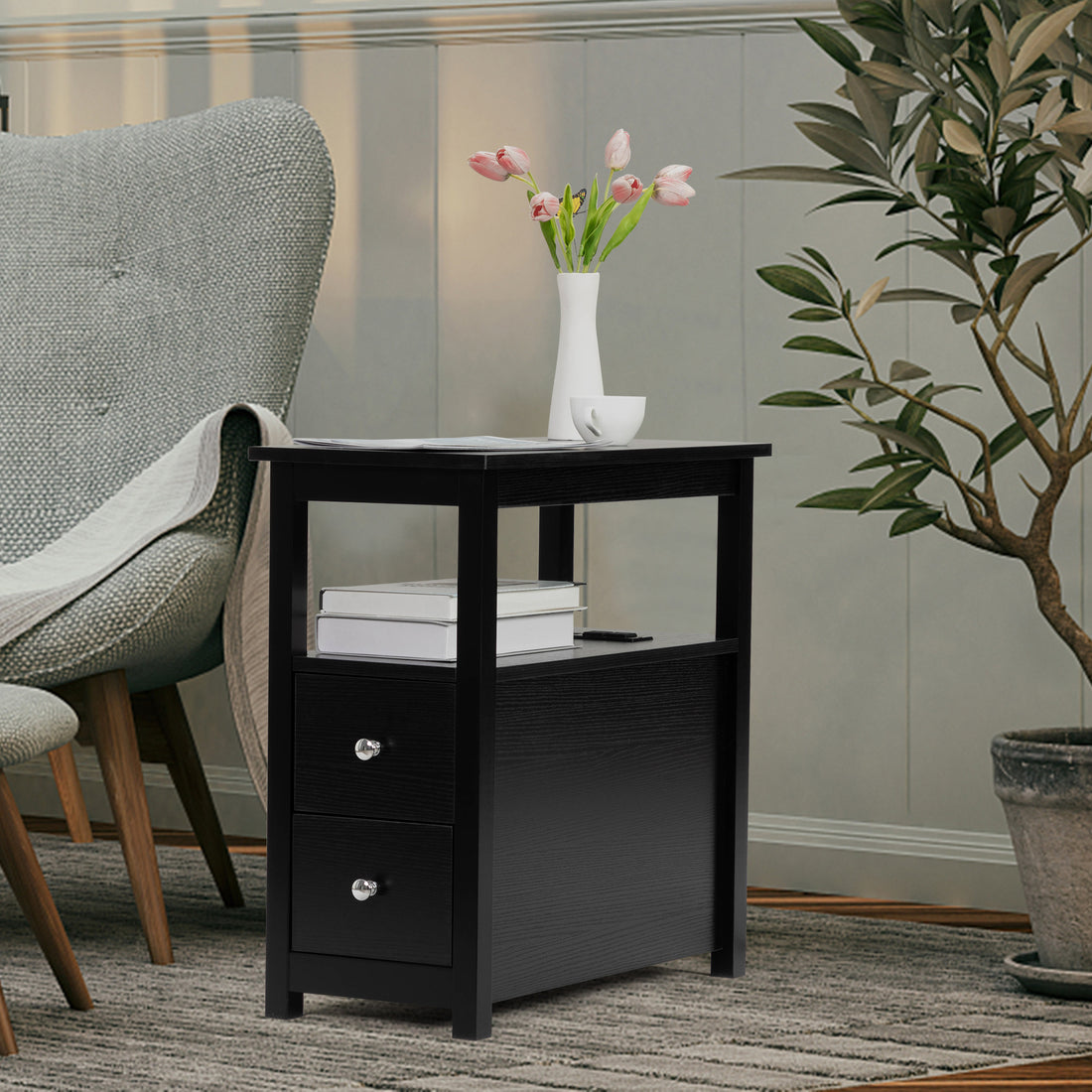 End Table With Charging Station, Narrow Sofa Side Table, Wooden Nightstand, Bedroom Living Room Furniture, Black Black Mdf