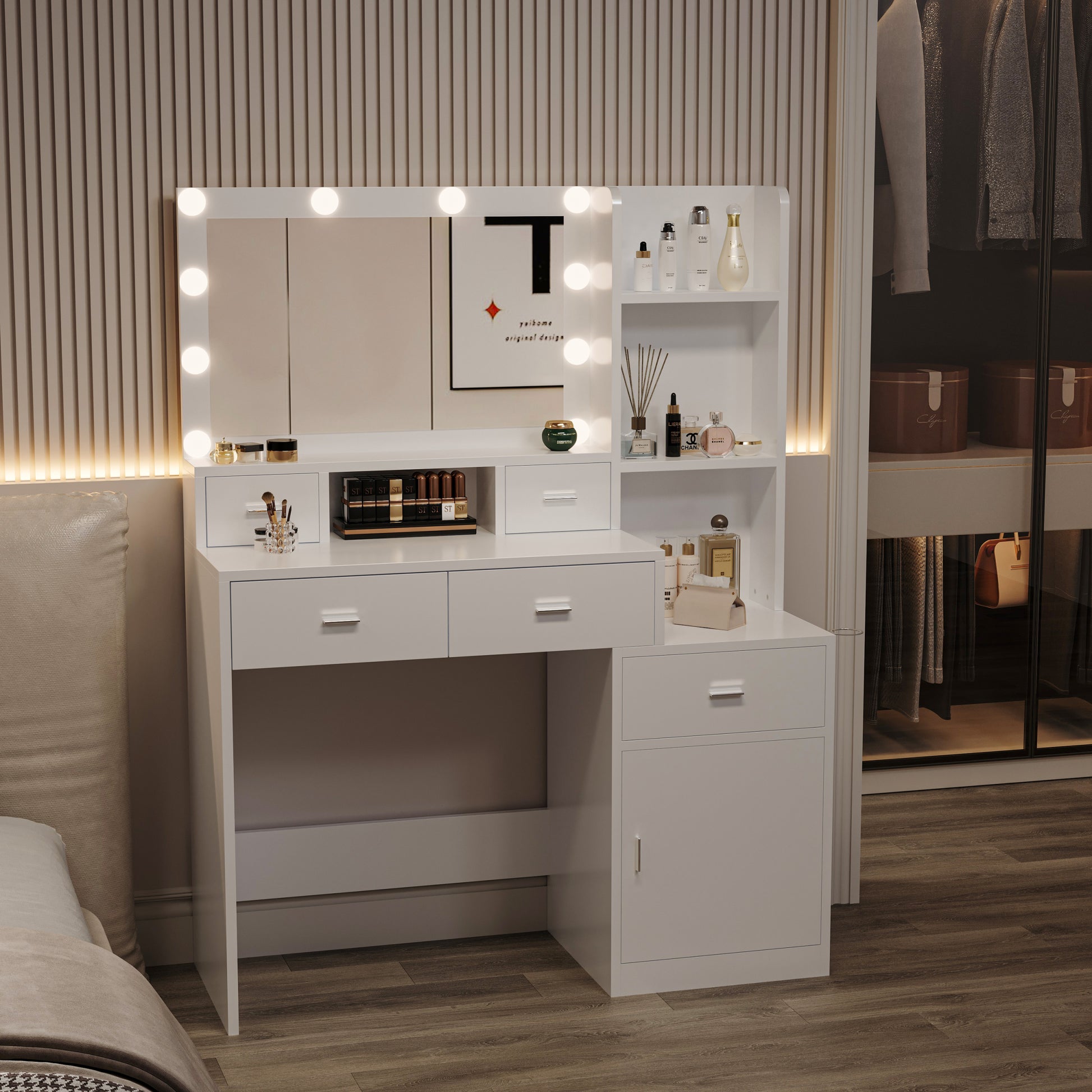 Newly Designed Smart Mirror Dressing Table With Drawers And Storage Cabinet, Dressing Table With Dressing Pad For Bedroom, Dressing Room White Mdf Glass