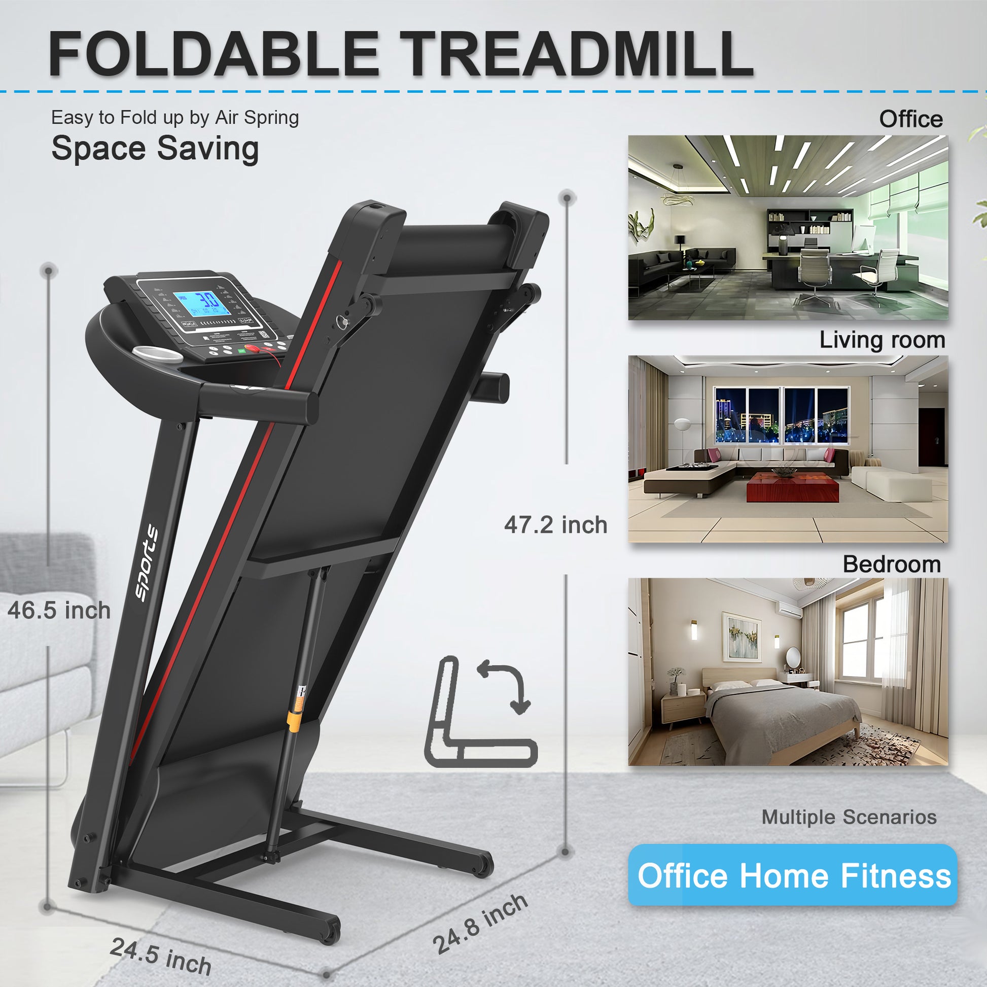 Fitshow App Home Foldable Treadmill With Incline, Folding Treadmill For Home Workout, Electric Walking Running Treadmill Machine 5" Lcd Screen 250 Lb Capacity Bluetooth Music Indoor Fitness Black Handheld Foldable Body Building Carbon Steel