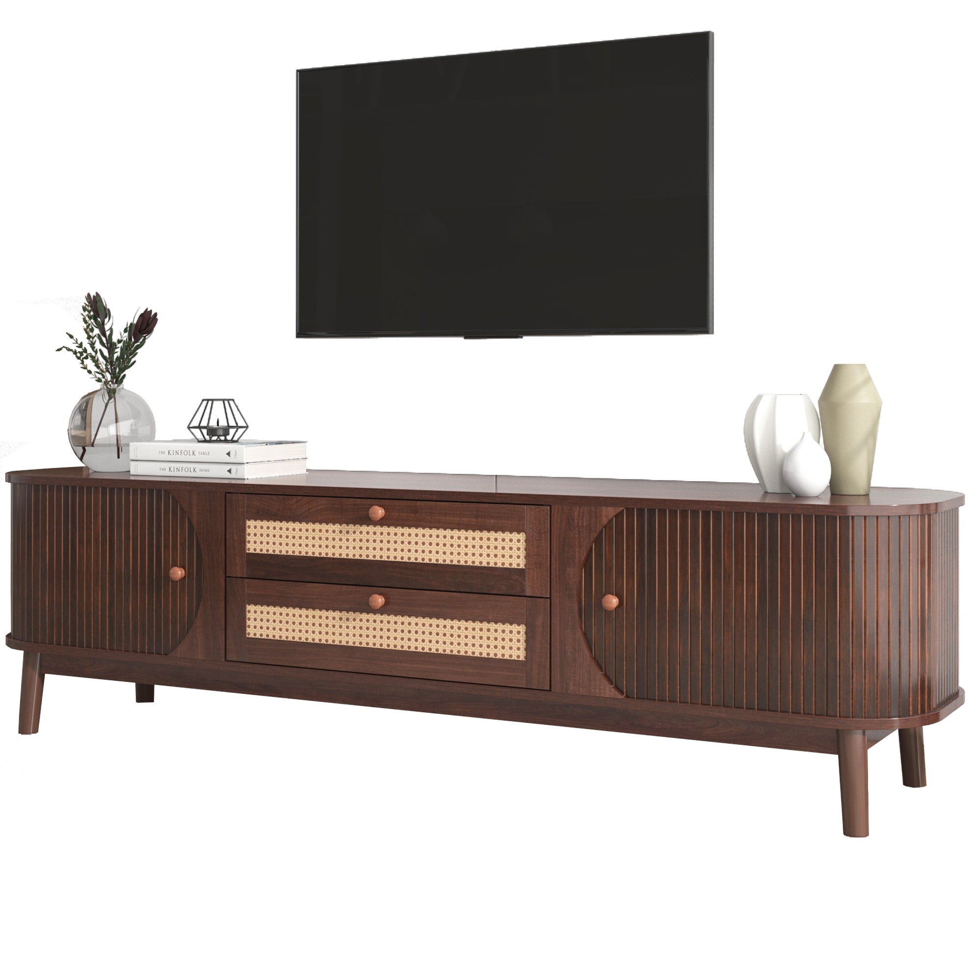 Rattan TV Stand for TVs up to 75'', Modern Farmhouse natural wood+brown-primary living space-60-69