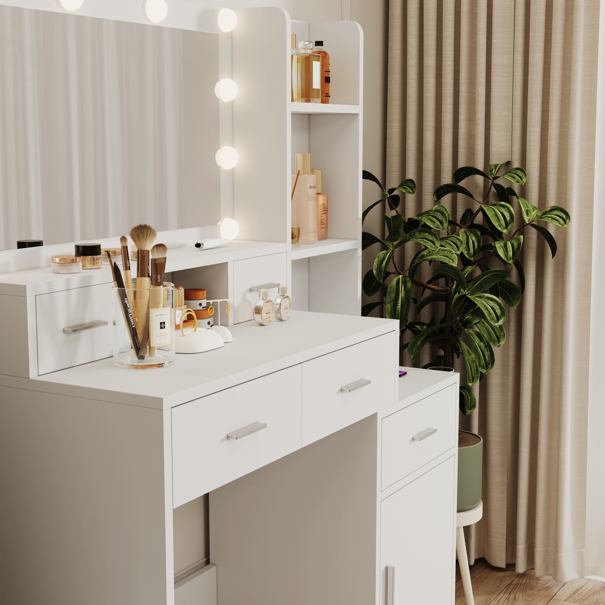 Newly Designed Smart Mirror Dressing Table With Drawers And Storage Cabinet, Dressing Table With Dressing Pad For Bedroom, Dressing Room White Mdf Glass