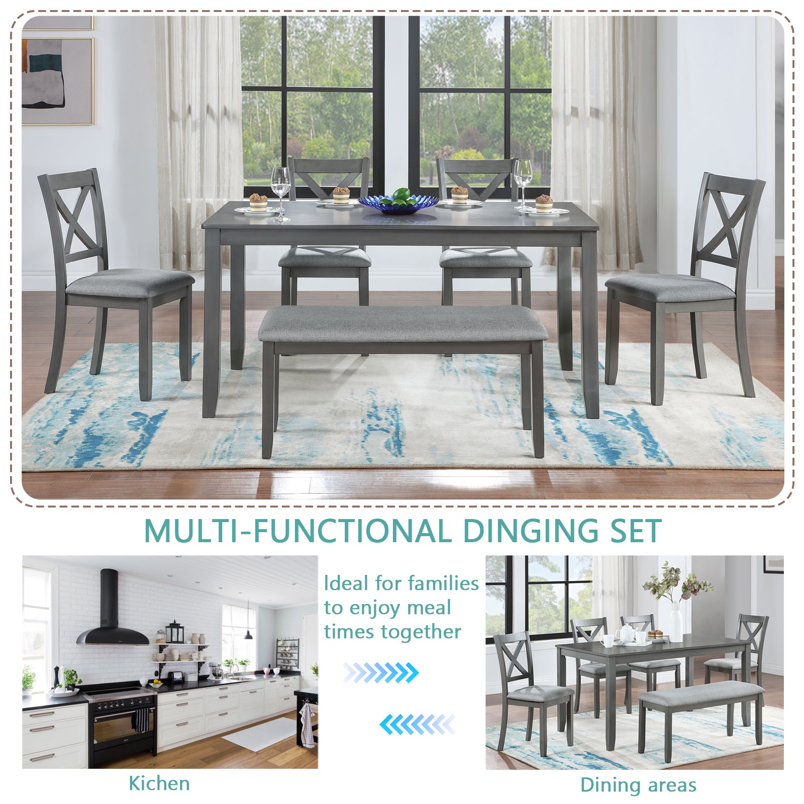 6 Piece Kitchen Dining Set, Rectangular Wooden Dining Table With 4 Upholstered Chairs And A Bench, Dining Table Set For 6 People, Living Room, Home Bar And Kitchen, Gray Wood Gray Seats 6 Wood Dining Room Acacia 4 Leg Rectangular Dining Table With Chair