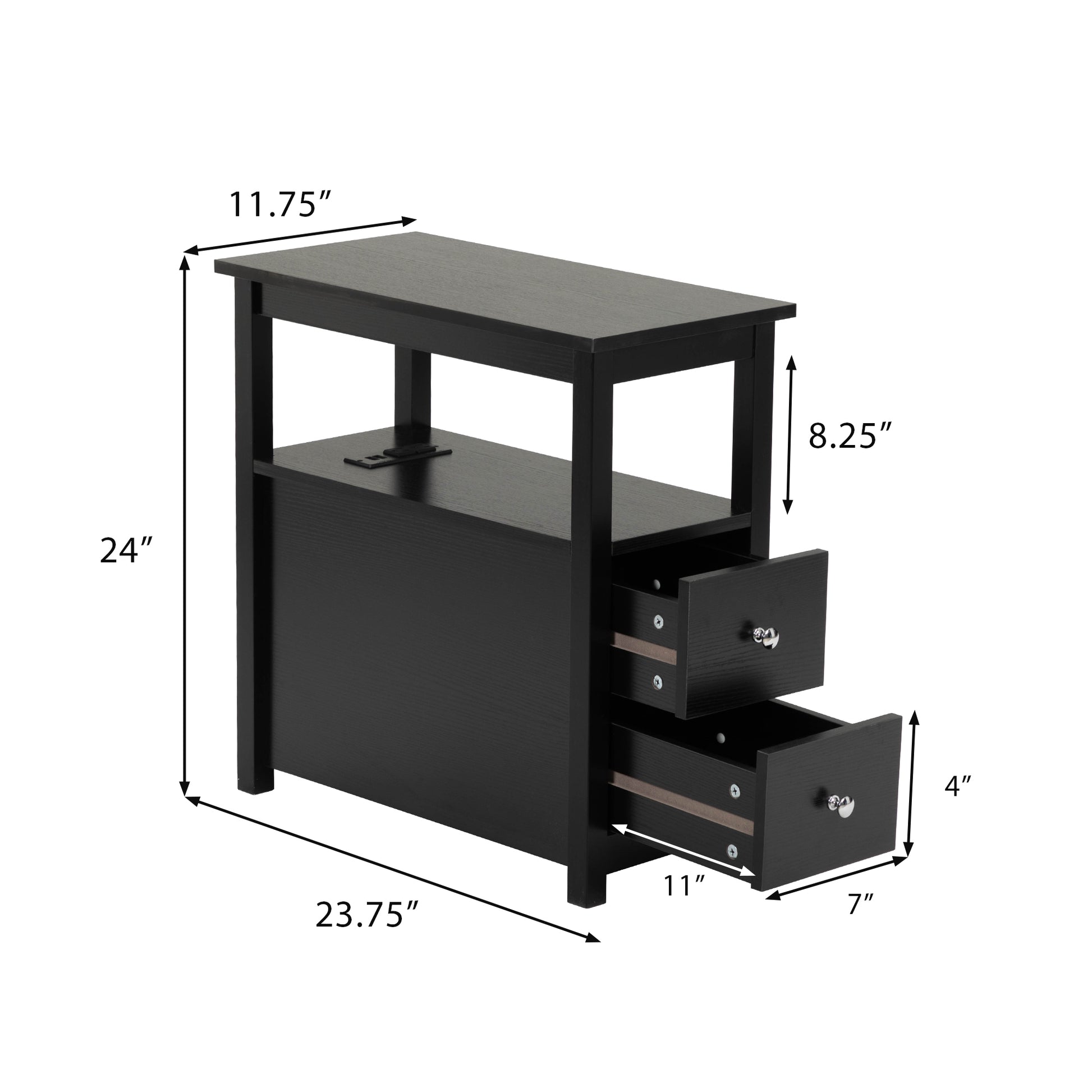 End Table With Charging Station, Narrow Sofa Side Table, Wooden Nightstand, Bedroom Living Room Furniture, Black Black Mdf