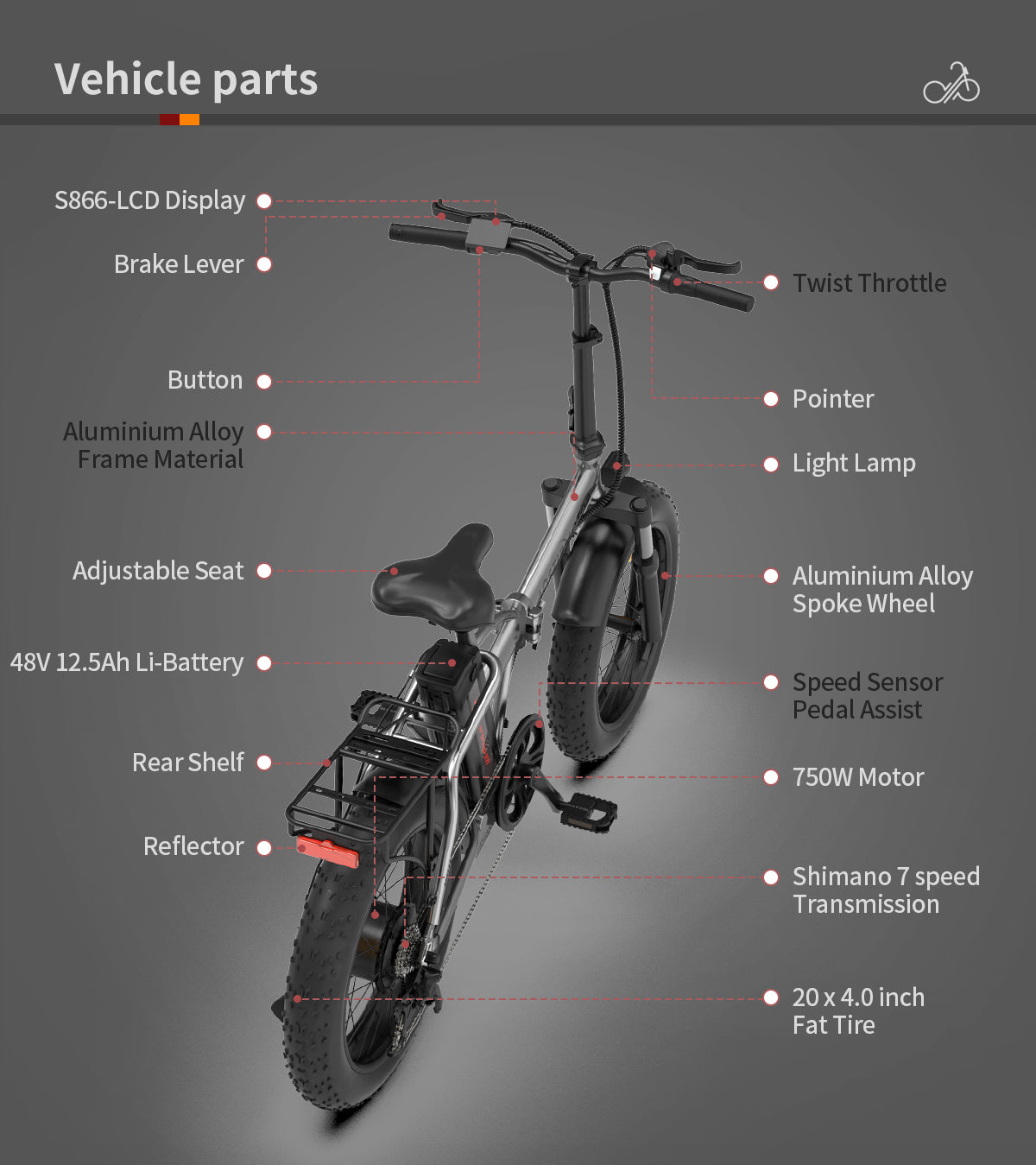 Aostirmotor Folding Electric Bike Ebike Bicycle 750W Motor 20" Fat Tire With 48V 12.5Ah Li Battery Beach Snow Bicycle A30 Cycling Gray Foldable Aluminium