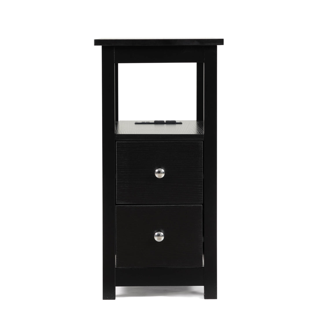 End Table With Charging Station, Narrow Sofa Side Table, Wooden Nightstand, Bedroom Living Room Furniture, Black Black Mdf