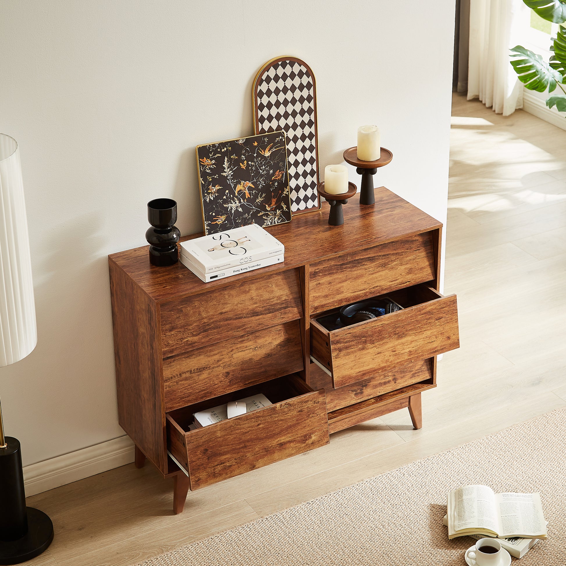 6 Drawer Double Dresser Features Vintage Style And Bevel Design Brown Mdf