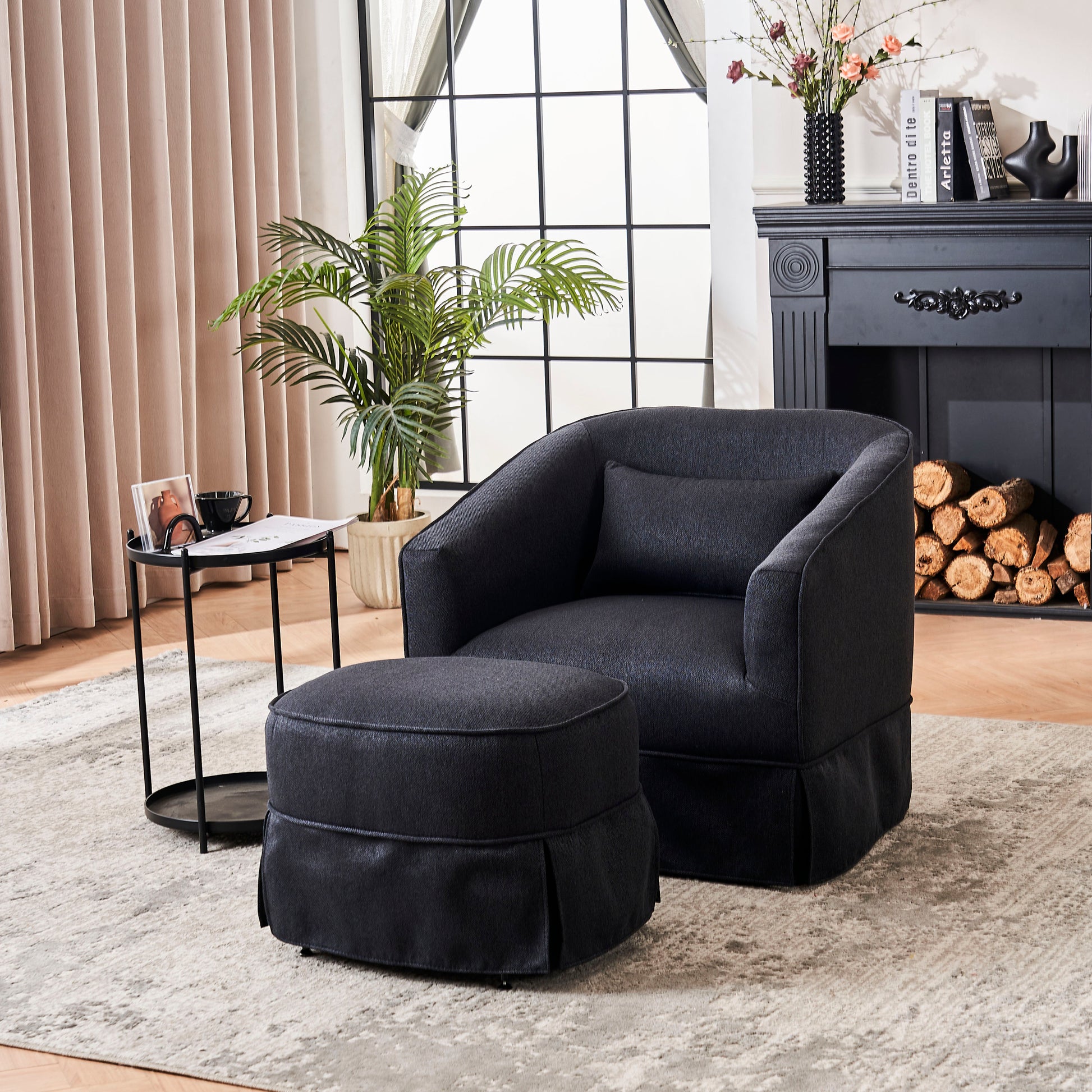 Swivel Barrel Chair With Ottoman, Swivel Accent Chairs Armchair For Living Room, Reading Chairs For Bedroom Comfy, Round Barrel Chairs With Black Metal Base Black Black Primary Living Space Modern Linen