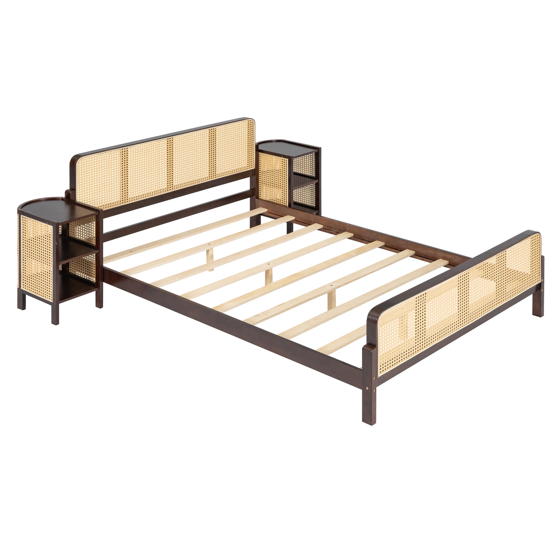 3 Pieces Rattan Platform Full Size Bed With 2 Nightstands,Walnut Walnut Rattan