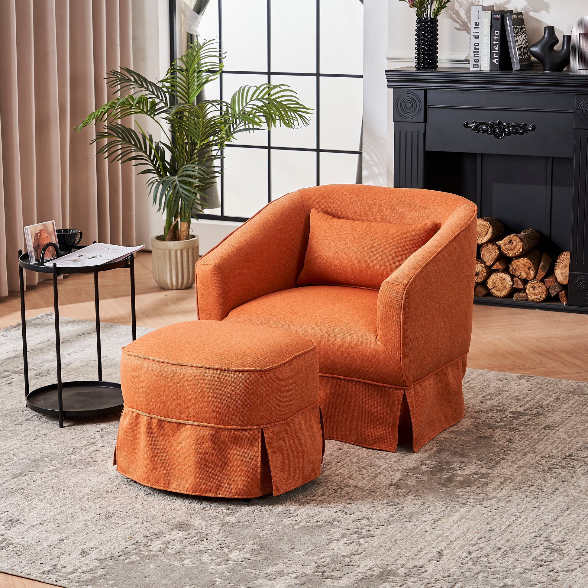 Swivel Barrel Chair With Ottoman, Swivel Accent Chairs Armchair For Living Room, Reading Chairs For Bedroom Comfy, Round Barrel Chairs With Black Metal Base Orange Orange Primary Living Space Modern Linen