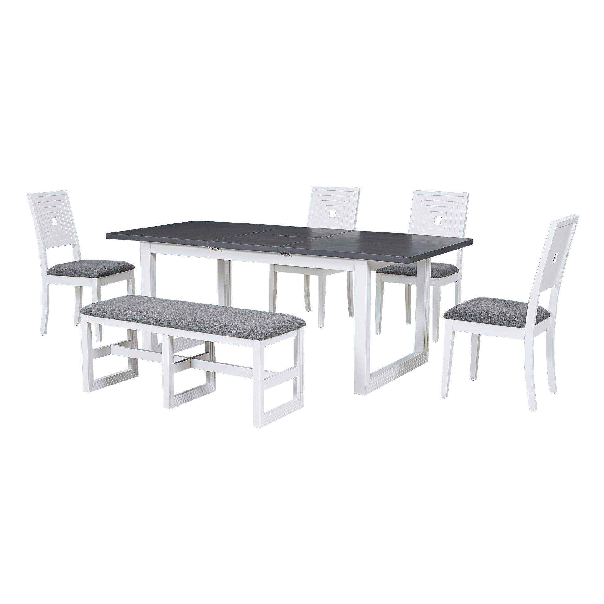 Modern 78Inch 6 Piece Extendable Dining Table Set, 4 Upholstered Dining Chairs And Dining Bench, 18" Butterfly Leaf, White Wood Dining Room Extendable Rubberwood Rectangular Dining Table With Chair And Bench Upholstered Chair Wood White Gray Solid Back