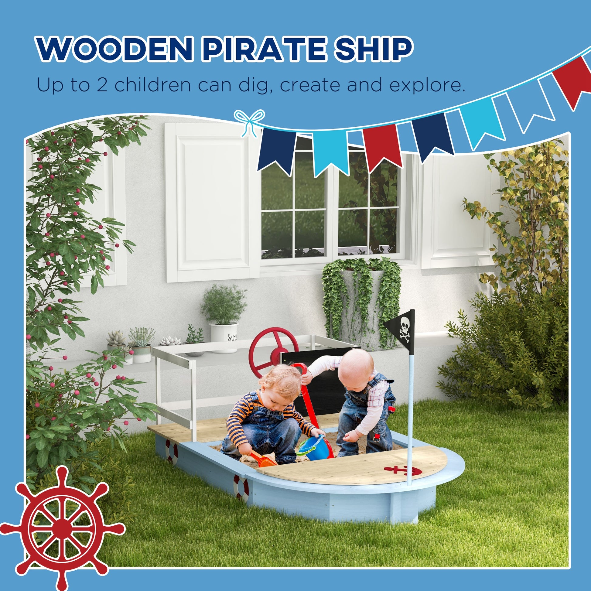 Wooden Sandbox With Pirate Design For 3 7 Years, Blue Blue Wood