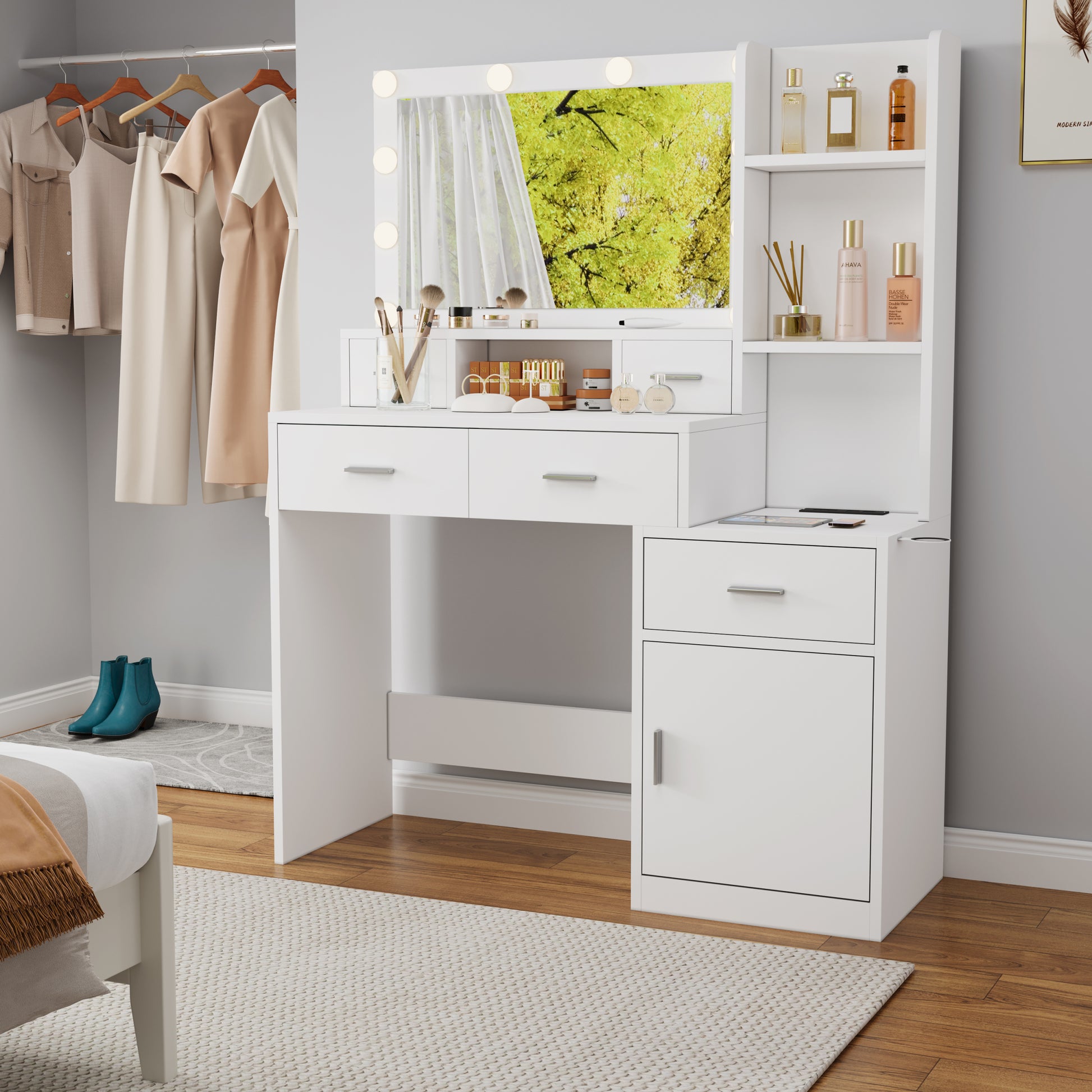 Newly Designed Smart Mirror Dressing Table With Drawers And Storage Cabinet, Dressing Table With Dressing Pad For Bedroom, Dressing Room White Mdf Glass